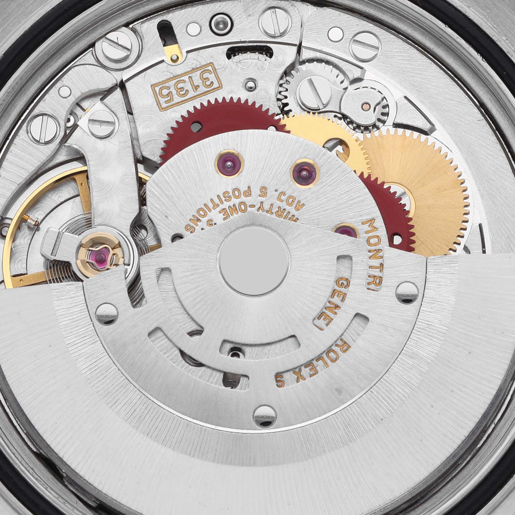 The image shows a close-up of the Rolex Datejust 16233 Men's Steel and Gold (two tone) Blue Dial 16233 Men's Steel and Gold (two tone) Blue Dial watch's movement and internal mechanisms from a top-down angle.