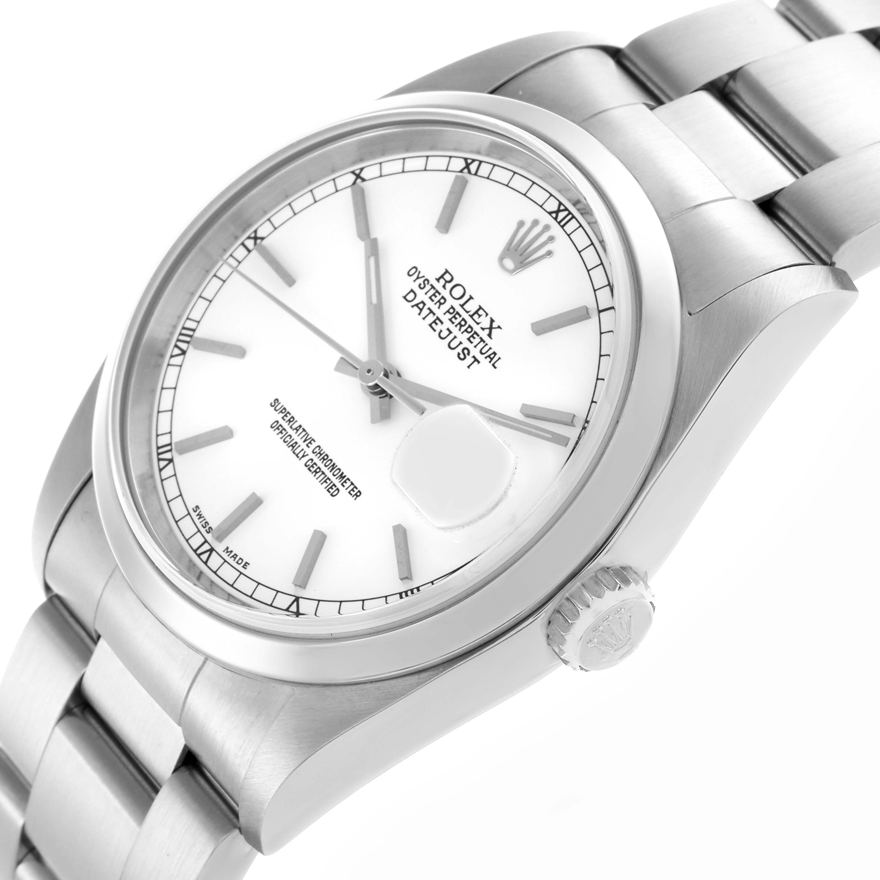 The Rolex Datejust 16200 Men's Stainless Steel White Dial 16200 Men's Stainless Steel White Dial watch is shown at an angle highlighting its dial, bezel, crown, and part of the bracelet.