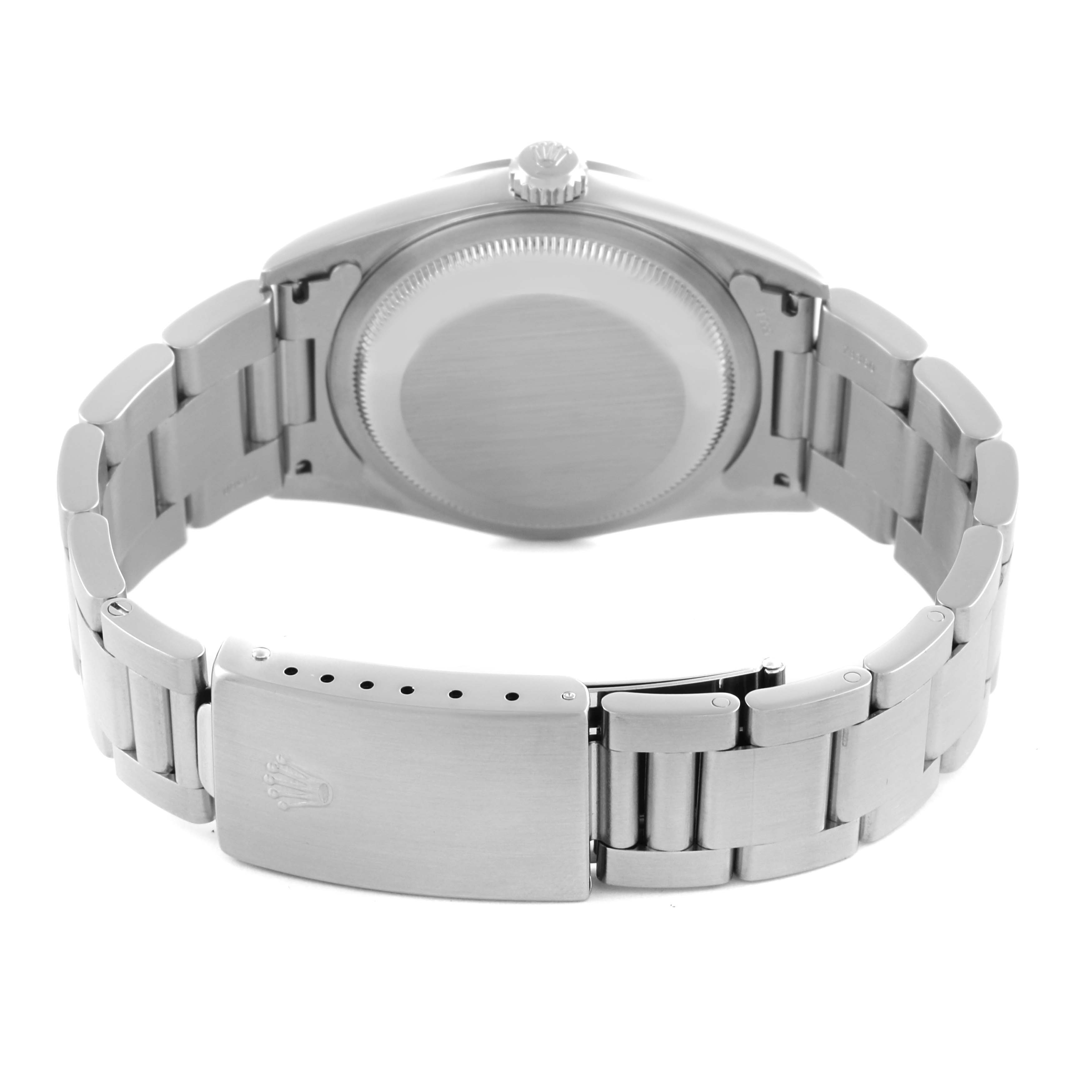 The image shows the back and bracelet of a Rolex Datejust 16200 Men's Stainless Steel White Dial 16200 Men's Stainless Steel White Dial watch, highlighting the clasp and case back.