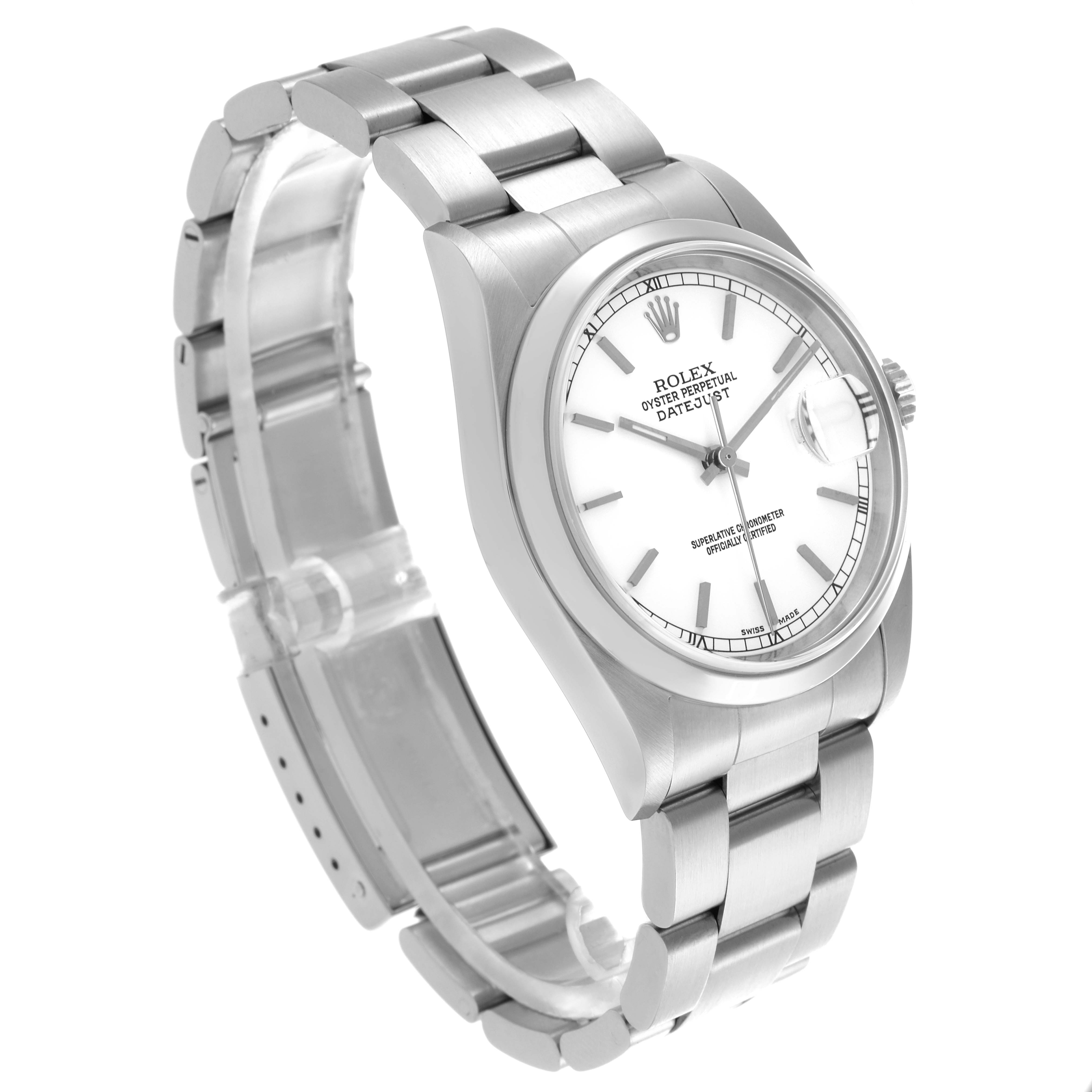 The Rolex Datejust 16200 Men's Stainless Steel White Dial 16200 Men's Stainless Steel White Dial watch is shown from an angled view highlighting the face, bezel, and bracelet.