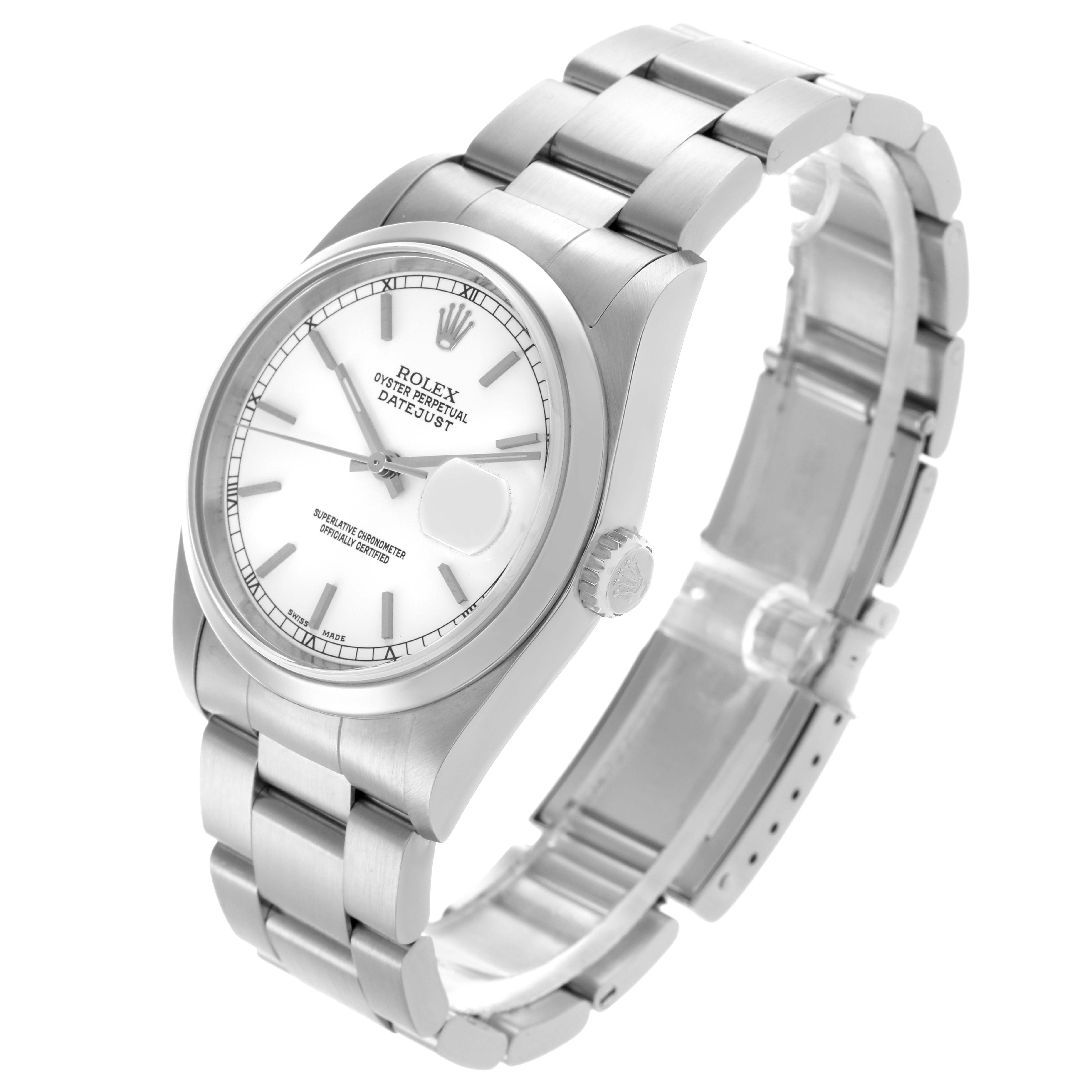 The Rolex Datejust 16200 Men's Stainless Steel White Dial 16200 Men's Stainless Steel White Dial watch is shown at an angled side view, highlighting the face, bezel, bracelet, and crown.