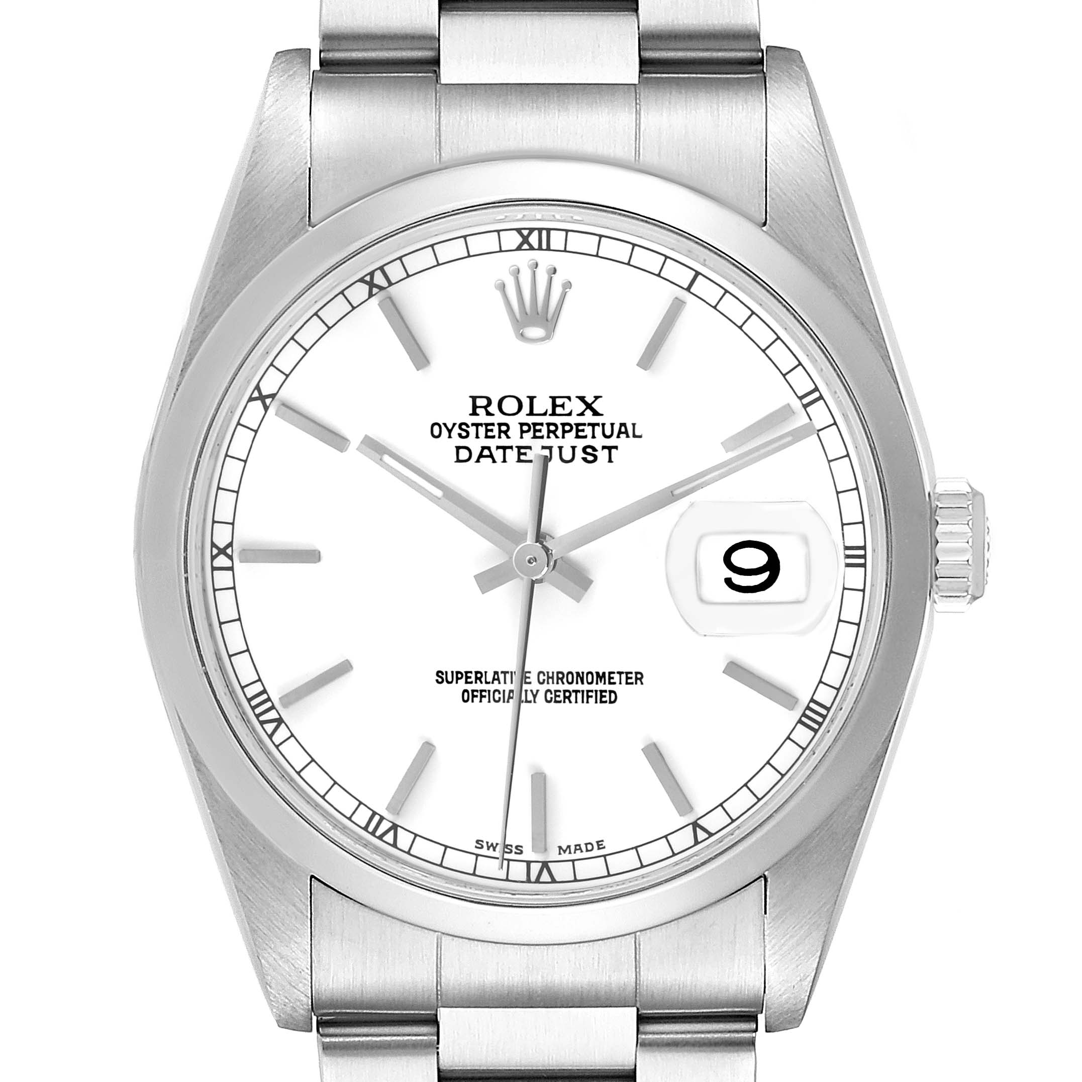 The Rolex Datejust 16200 Men's Stainless Steel White Dial 16200 Men's Stainless Steel White Dial model is shown from a front angle, displaying the dial, bracelet, and date window.