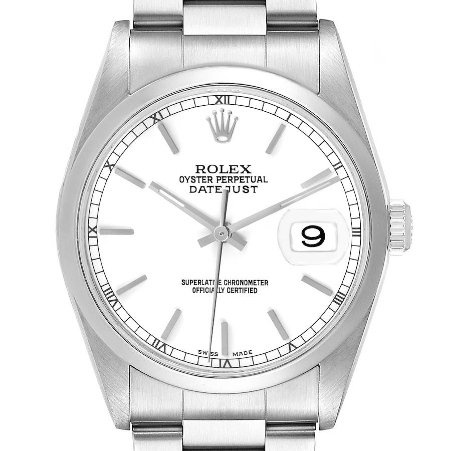 The Rolex Datejust model is shown from a front angle, displaying the dial, bracelet, and date window.