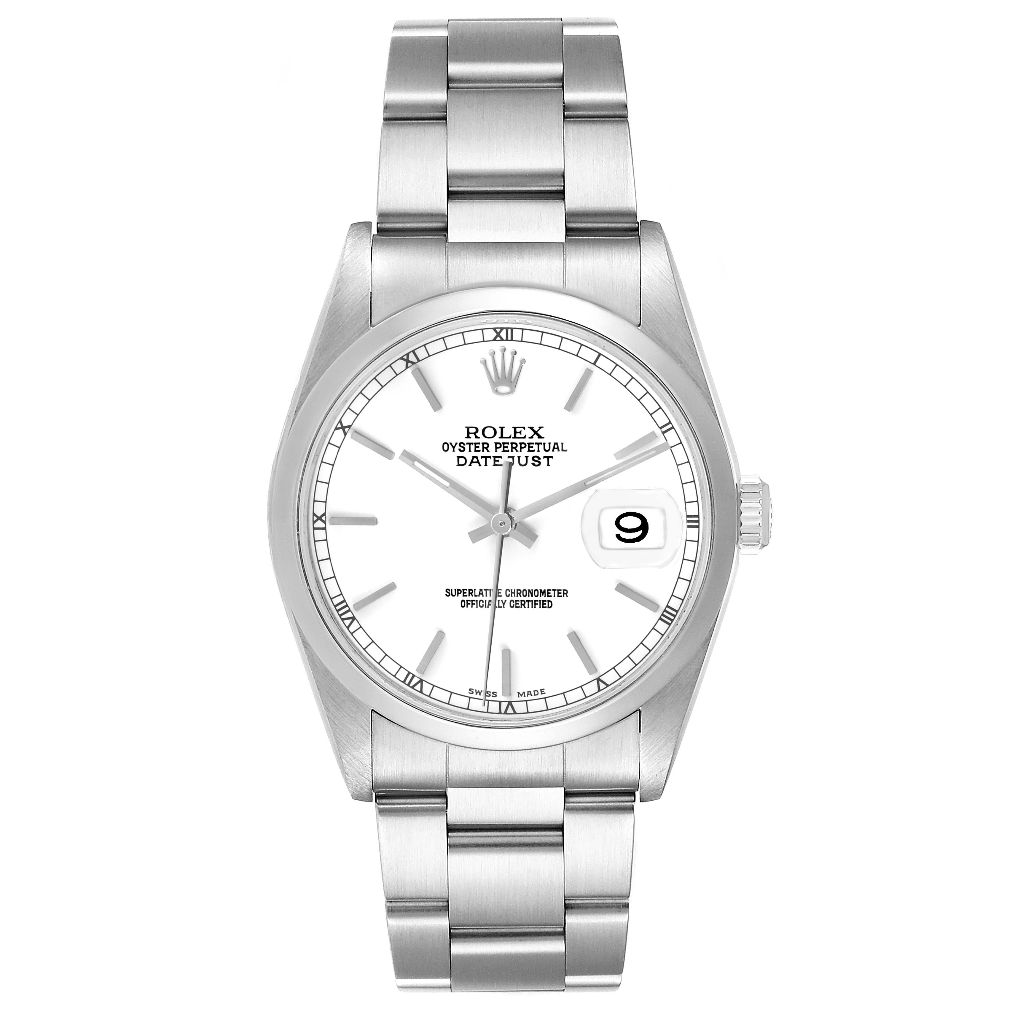 The Rolex Datejust 16200 Men's Stainless Steel White Dial 16200 Men's Stainless Steel White Dial watch is shown from the front, displaying the dial, bracelet, case, and the date window.