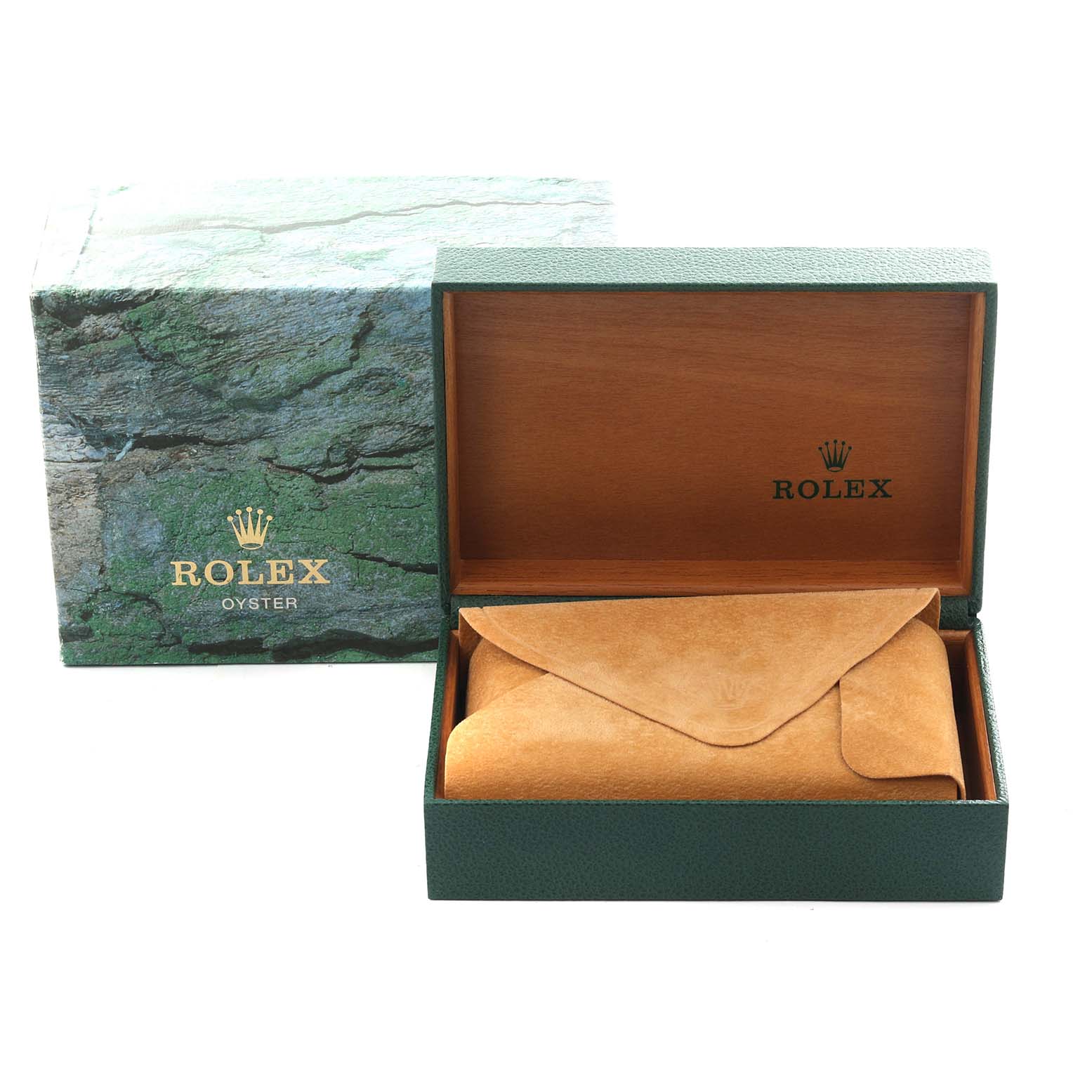 The image shows a Rolex Datejust 16200 Men's Stainless Steel White Dial 16200 Men's Stainless Steel White Dial box set, including an open green case with a brown leather pouch inside.