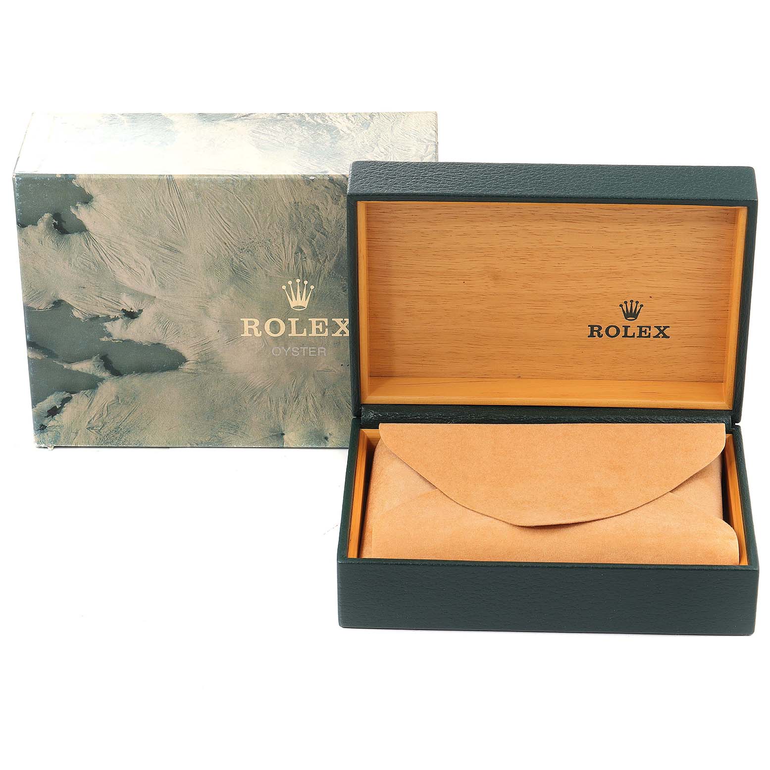 The image shows the packaging and box for a Rolex Datejust 16220 Men
s Stainless Steel Black Dial 16220 Men
s Stainless Steel Black Dial watch, with the watch presumably inside the pouch.