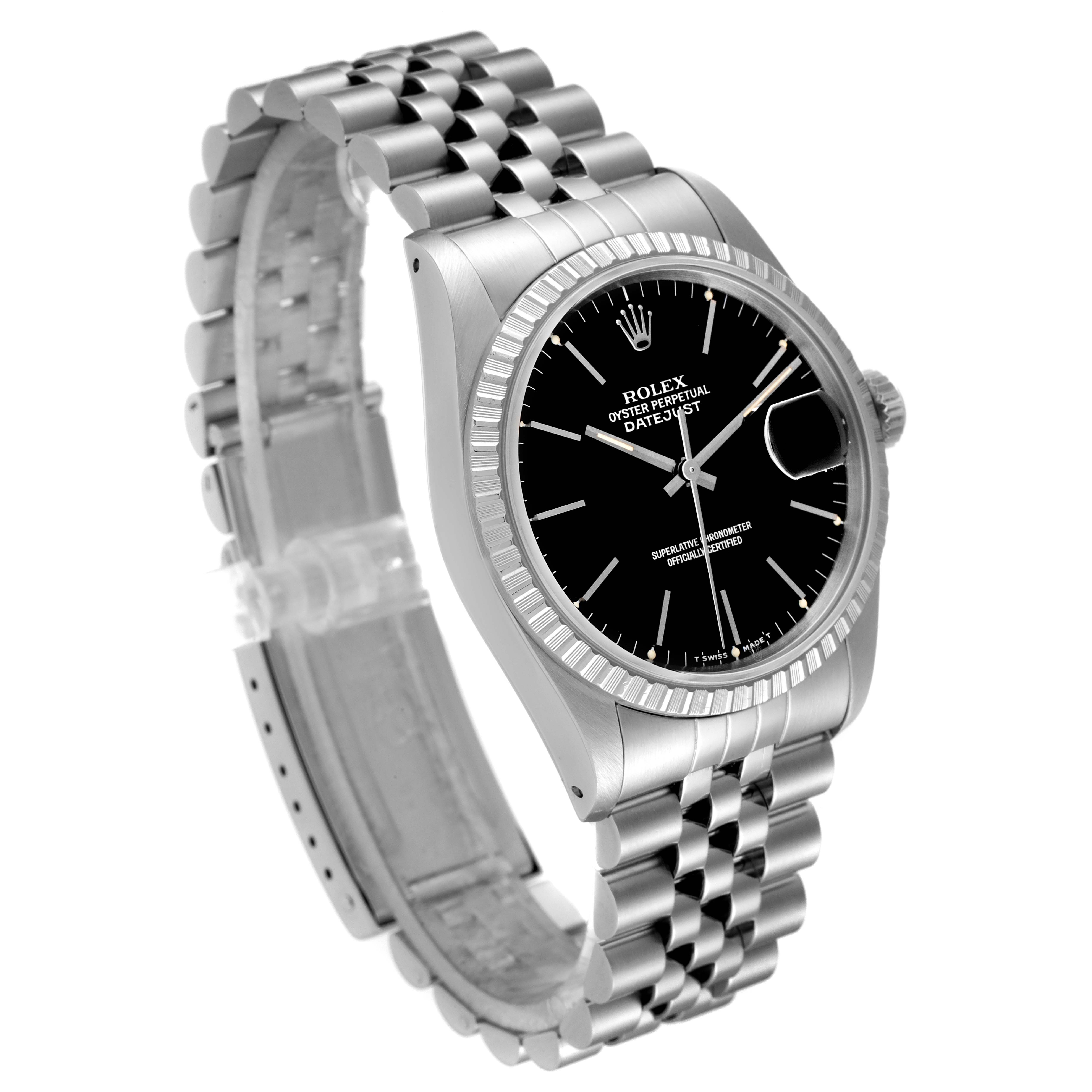 The image shows a Rolex Datejust 16220 Men
s Stainless Steel Black Dial 16220 Men
s Stainless Steel Black Dial watch at a three-quarter angle highlighting the black dial, fluted bezel, and Jubilee bracelet.