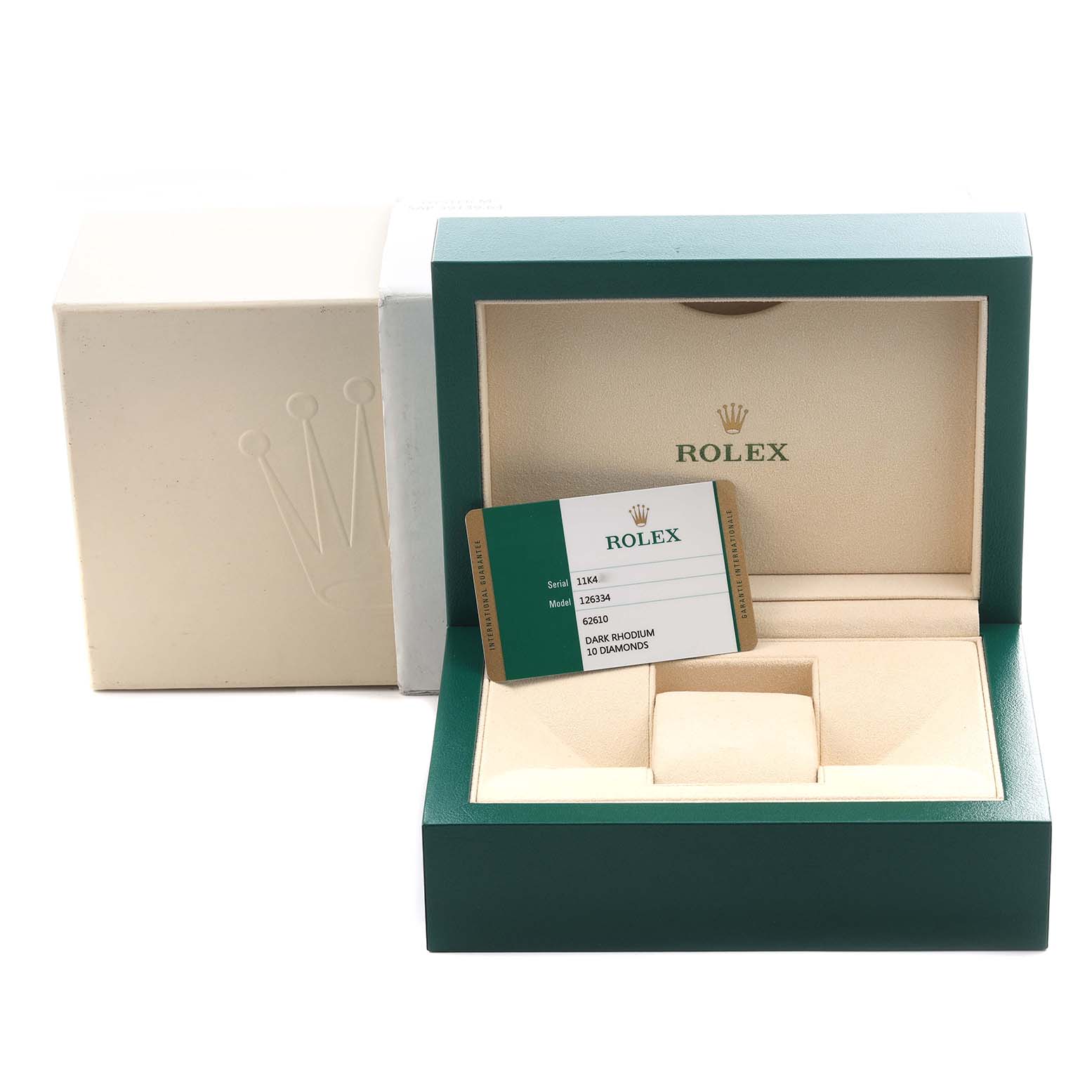 The image shows a Rolex Datejust 41 126334 Men's Stainless Steel Grey Dial 126334 Men's Stainless Steel Grey Dial box and warranty card, with the interior packaging visible from the front angle.