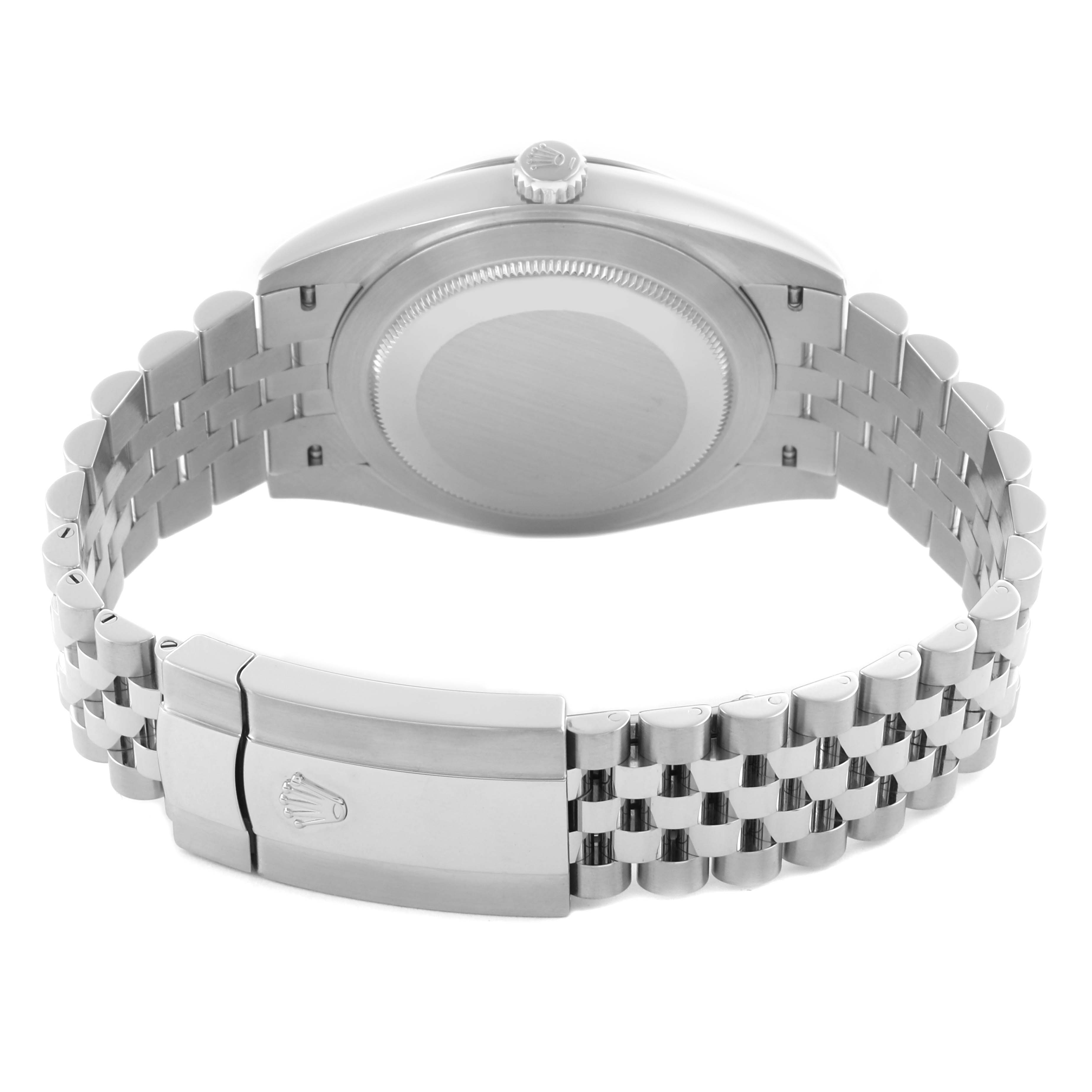 The image shows the Rolex Datejust 41 126334 Men's Stainless Steel Grey Dial 126334 Men's Stainless Steel Grey Dial from the back, highlighting the bracelet, clasp, case back, and crown.