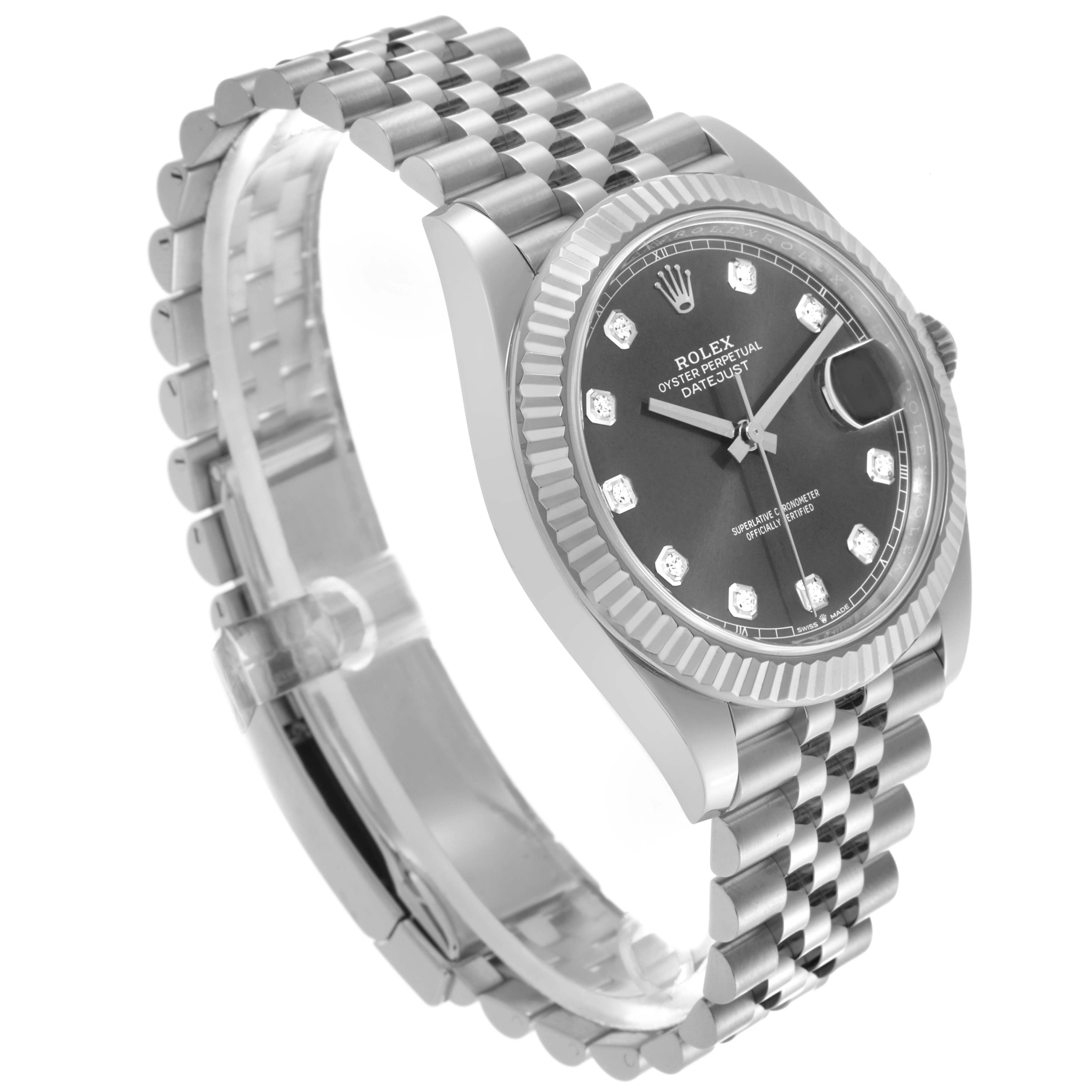 The Rolex Datejust 41 126334 Men's Stainless Steel Grey Dial 126334 Men's Stainless Steel Grey Dial is shown at an angled view, highlighting the dial, fluted bezel, and Jubilee bracelet.