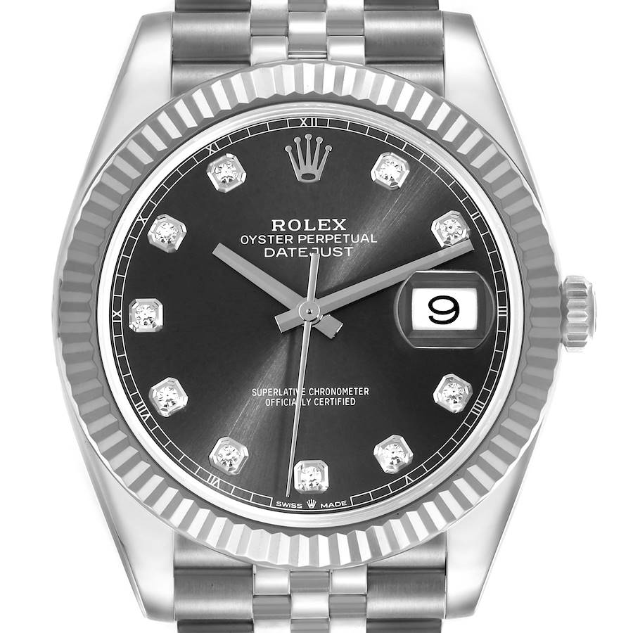 The Rolex Datejust 41 is shown from a frontal angle, highlighting the dial and fluted bezel.