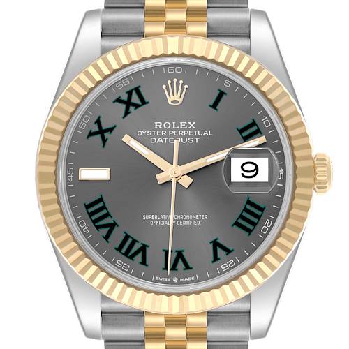 The image shows a front view of the Rolex Datejust 41 watch, highlighting its dial, bezel, and bracelet.