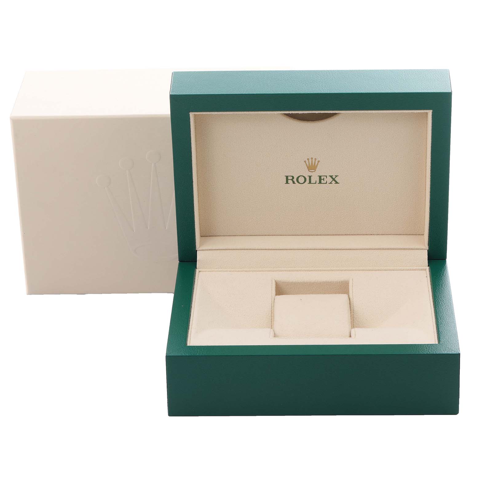 The image shows a green and beige Rolex Datejust 41 126333 Men's Steel and Gold (two tone) Grey Dial 126333 Men's Steel and Gold (two tone) Grey Dial watch box, open to display the interior.