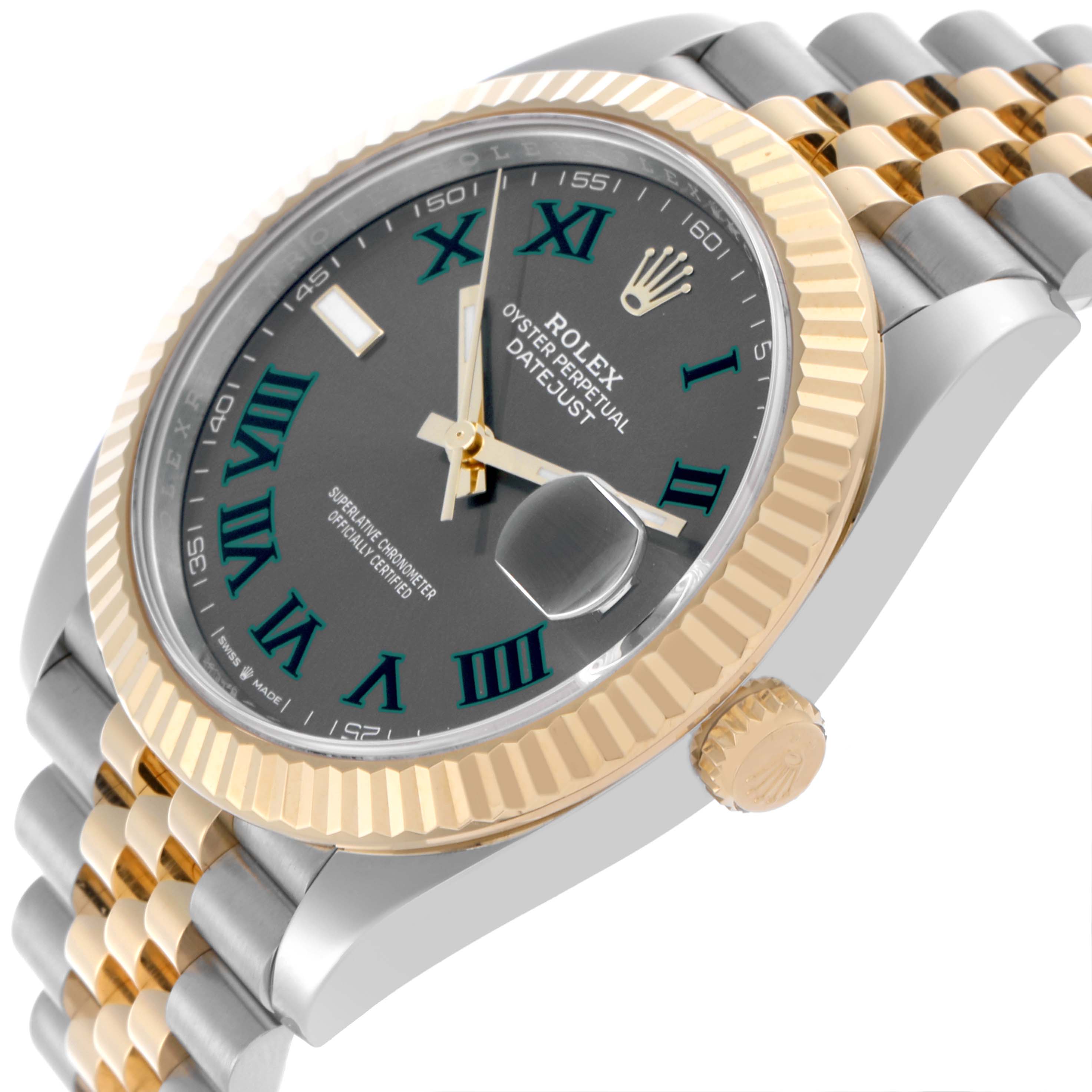 The Rolex Datejust 41 126333 Men's Steel and Gold (two tone) Grey Dial 126333 Men's Steel and Gold (two tone) Grey Dial is shown at an angle highlighting the fluted bezel, grey dial, and jubilee bracelet with two-tone gold and silver.