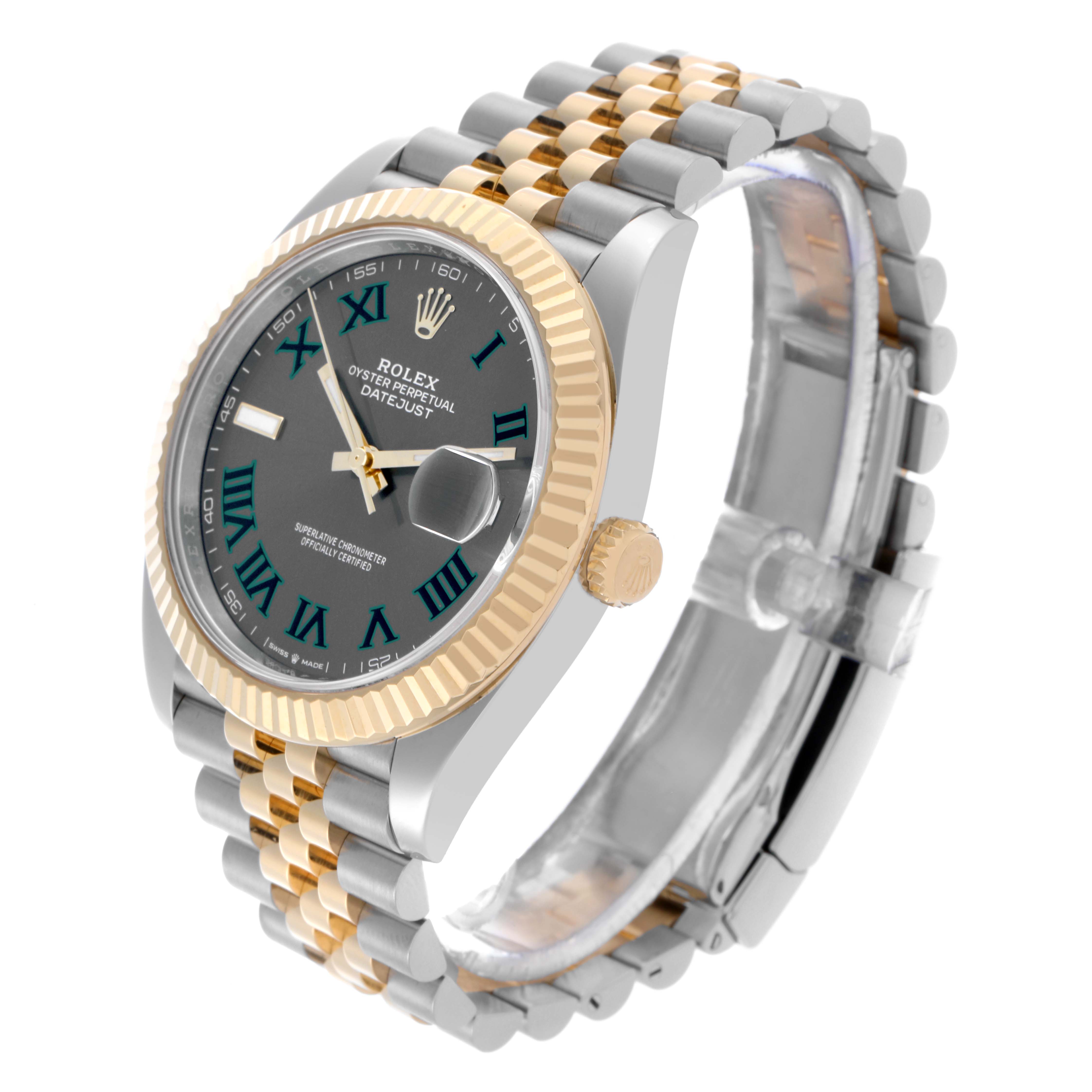 The Rolex Datejust 41 126333 Men's Steel and Gold (two tone) Grey Dial 126333 Men's Steel and Gold (two tone) Grey Dial is shown at an angled view displaying the face, fluted bezel, crown, and Jubilee bracelet.