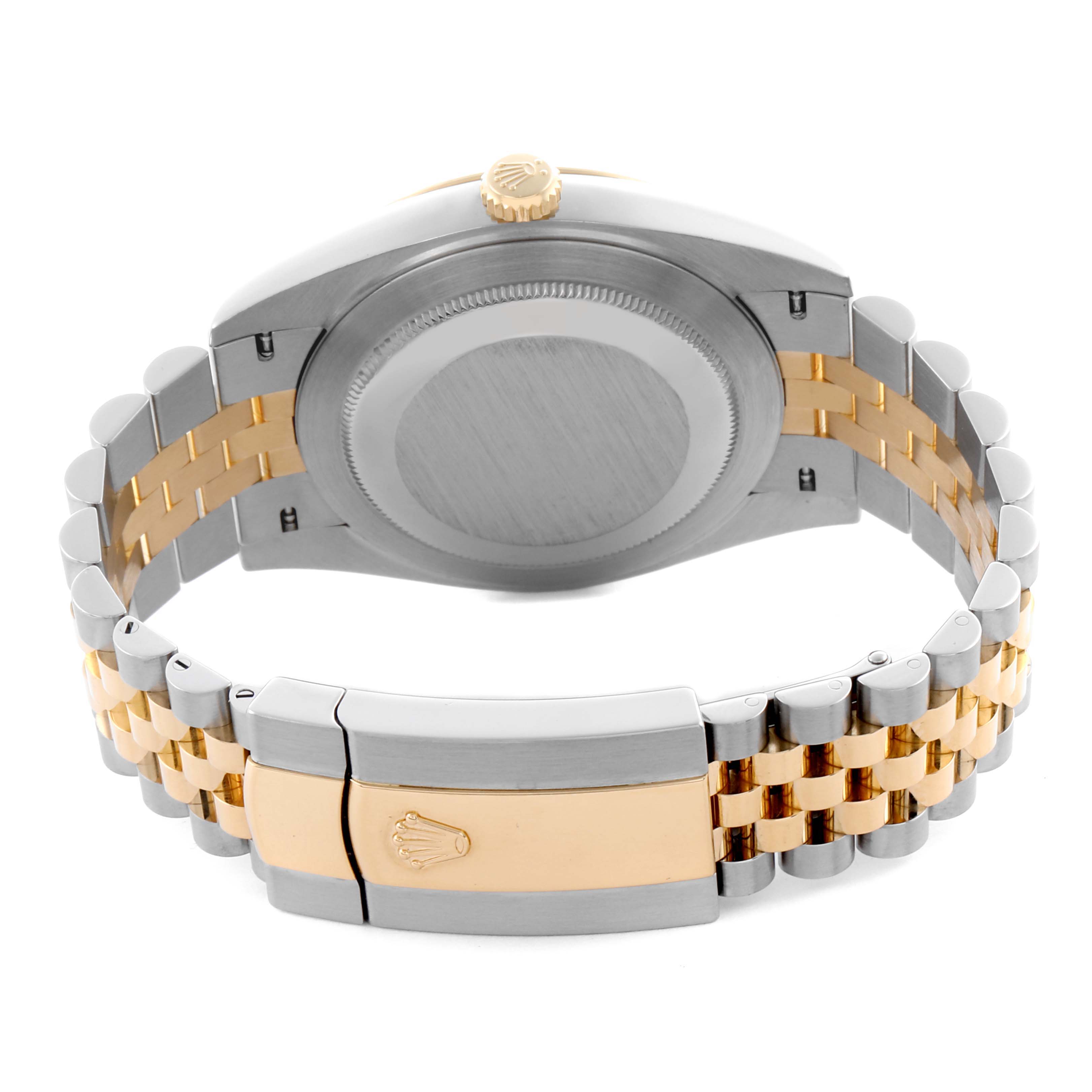 The Rolex Datejust 41 126333 Men's Steel and Gold (two tone) Grey Dial 126333 Men's Steel and Gold (two tone) Grey Dial is shown from the back, highlighting the case back, bracelet, and clasp with a two-tone design.