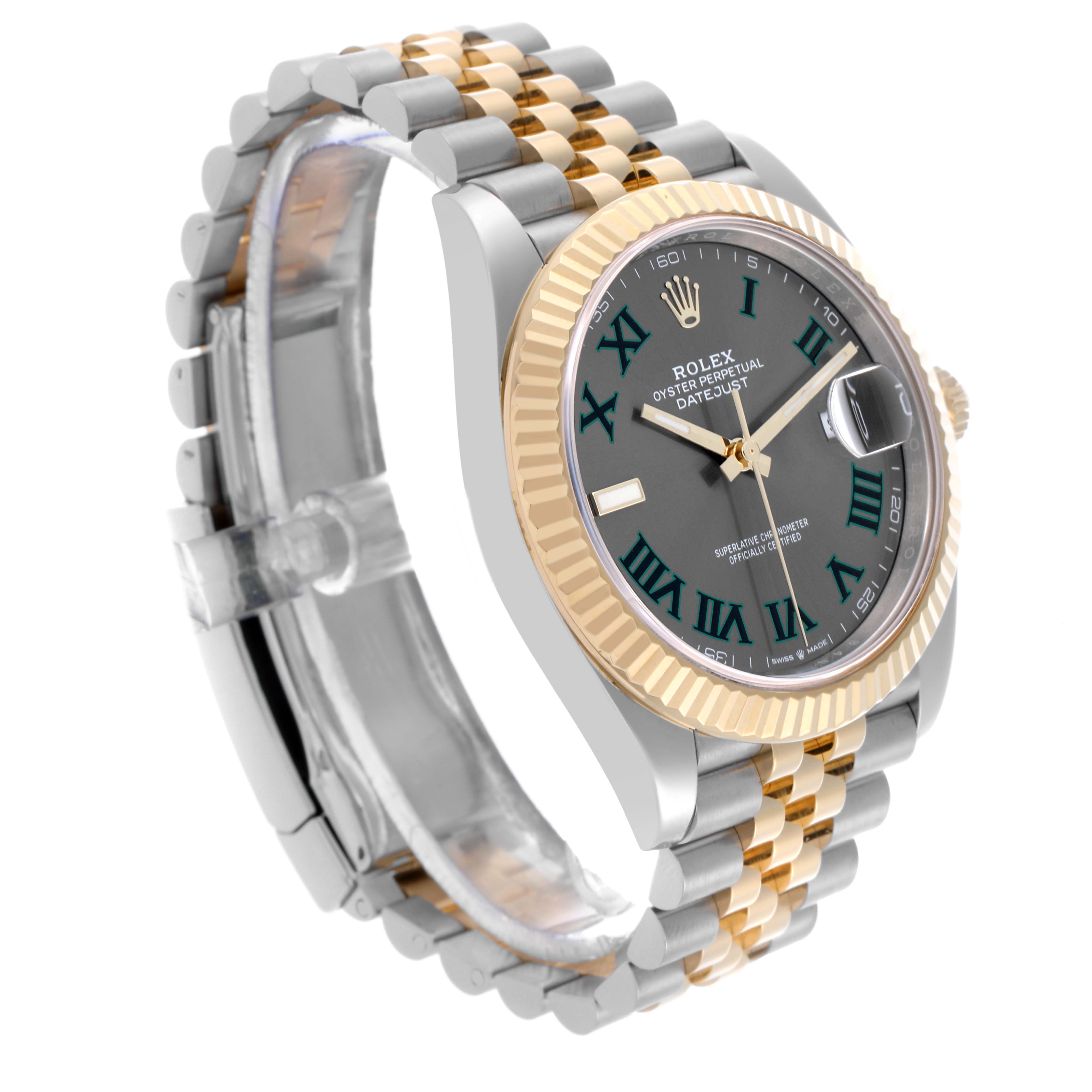 The Rolex Datejust 41 126333 Men's Steel and Gold (two tone) Grey Dial 126333 Men's Steel and Gold (two tone) Grey Dial watch is shown at a three-quarter angle, highlighting its two-tone bracelet, bezel, and dial with Roman numerals.