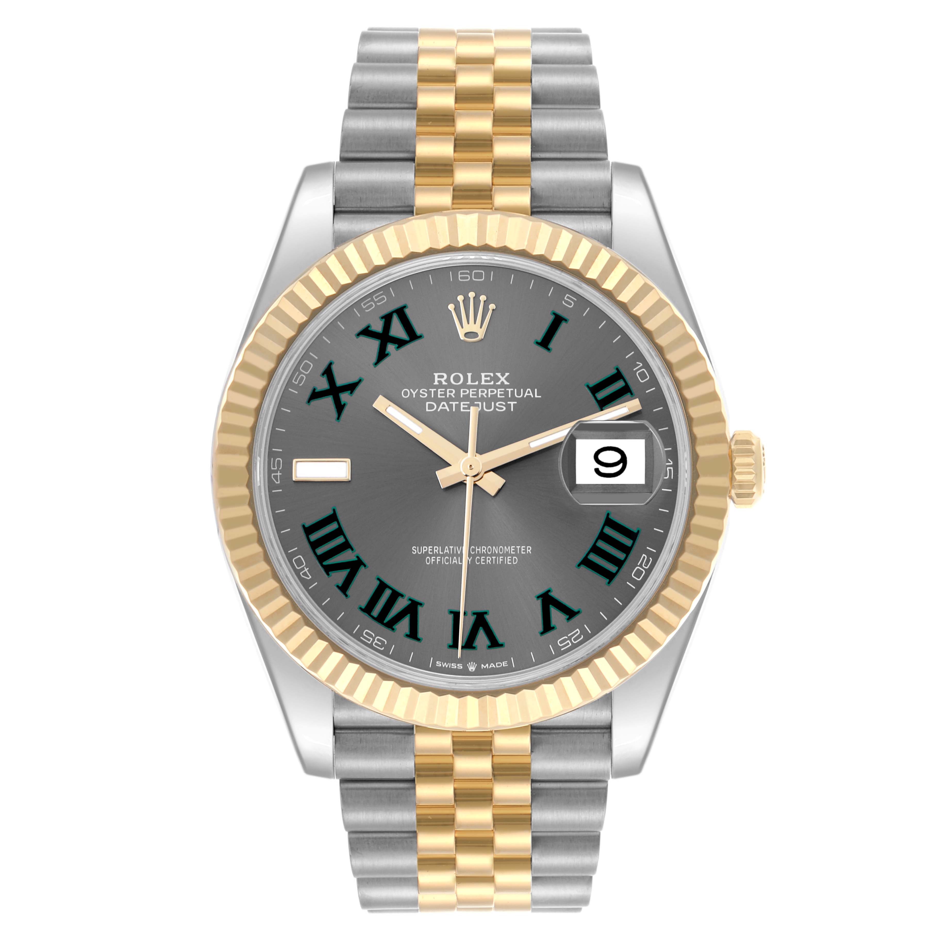 The Rolex Datejust 41 126333 Men's Steel and Gold (two tone) Grey Dial 126333 Men's Steel and Gold (two tone) Grey Dial watch is shown from a top view, highlighting its two-tone bracelet, fluted bezel, and cyclops date window.