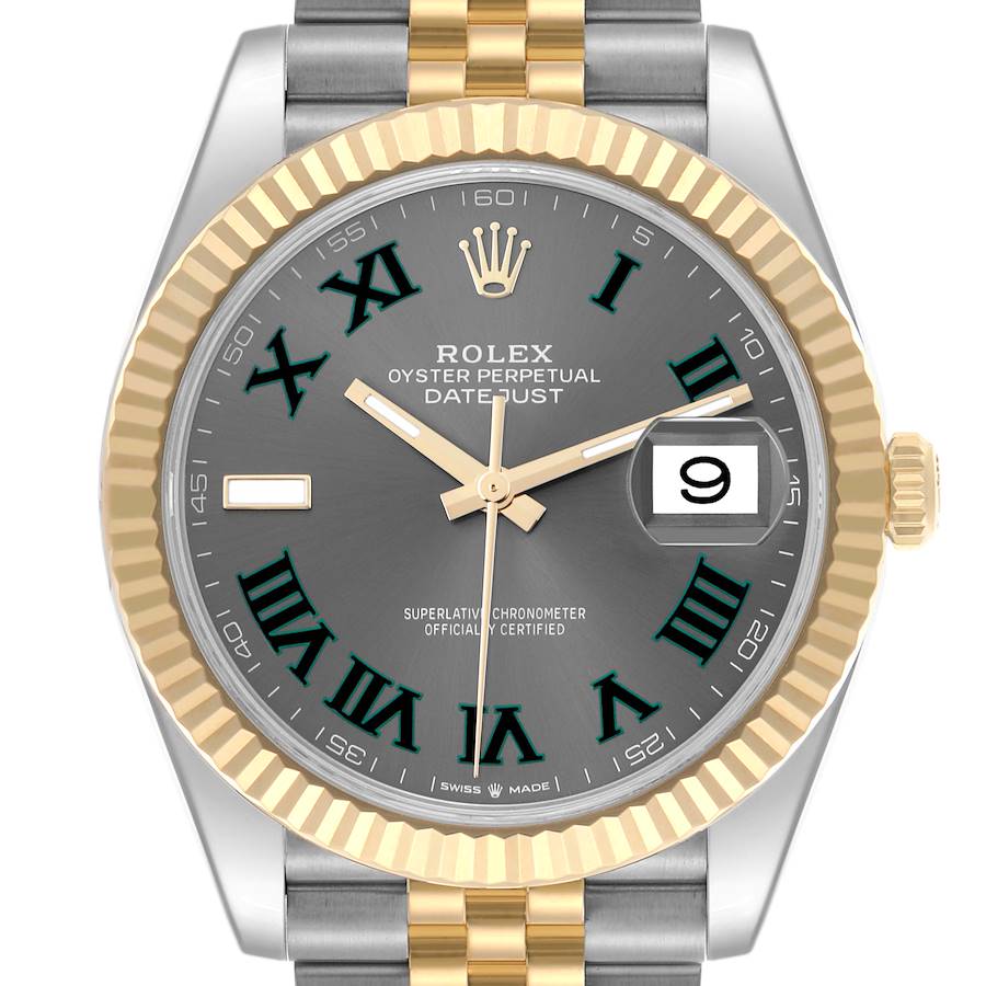 The Rolex Datejust 41 is shown from a front angle, highlighting the face, fluted bezel, and part of the bracelet.