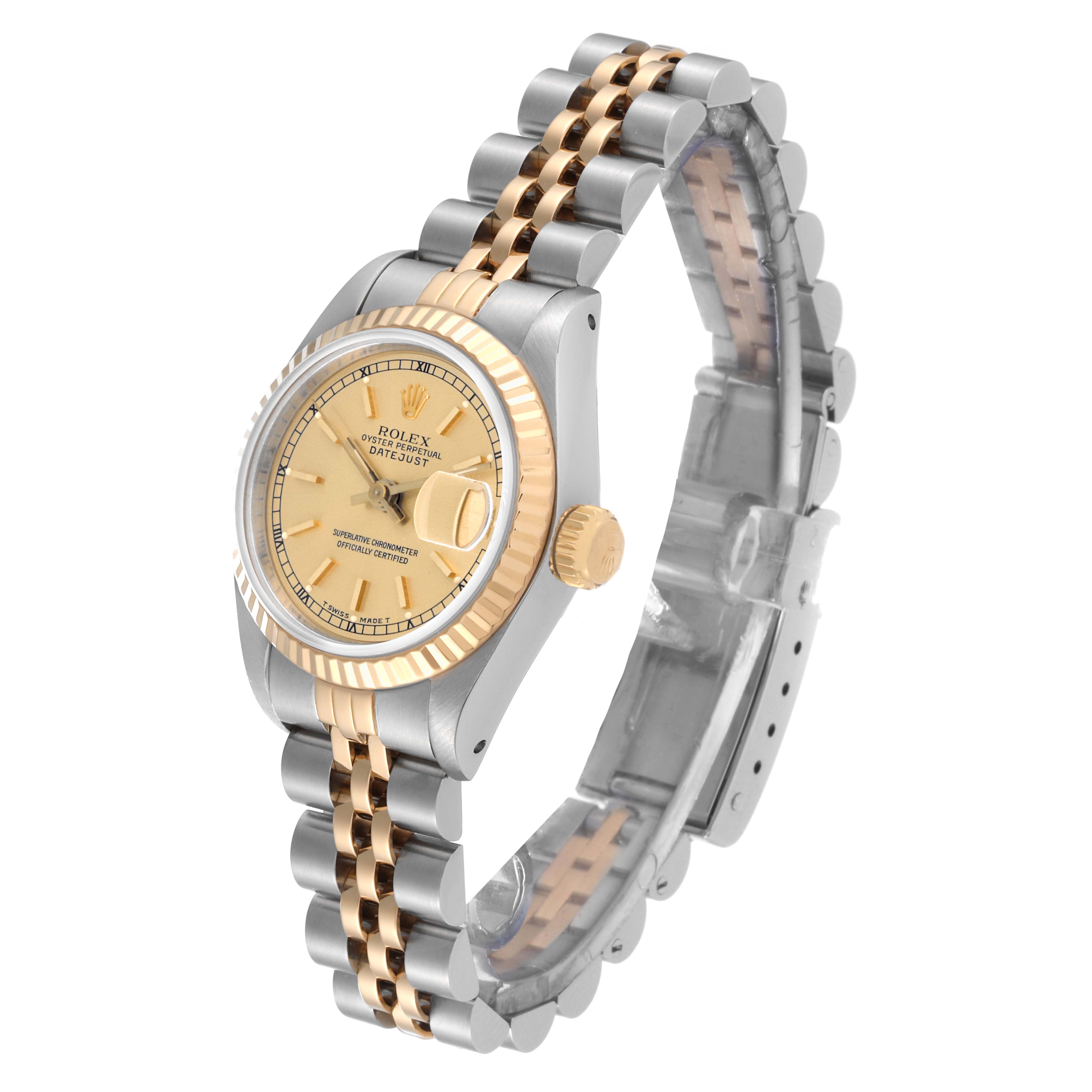 The image shows a side-angle view of the Rolex Datejust 69173 Women's Steel and Gold (two tone) Champagne Dial 69173 Women's Steel and Gold (two tone) Champagne Dial watch highlighting the dial, bezel, crown, and Jubilee bracelet.