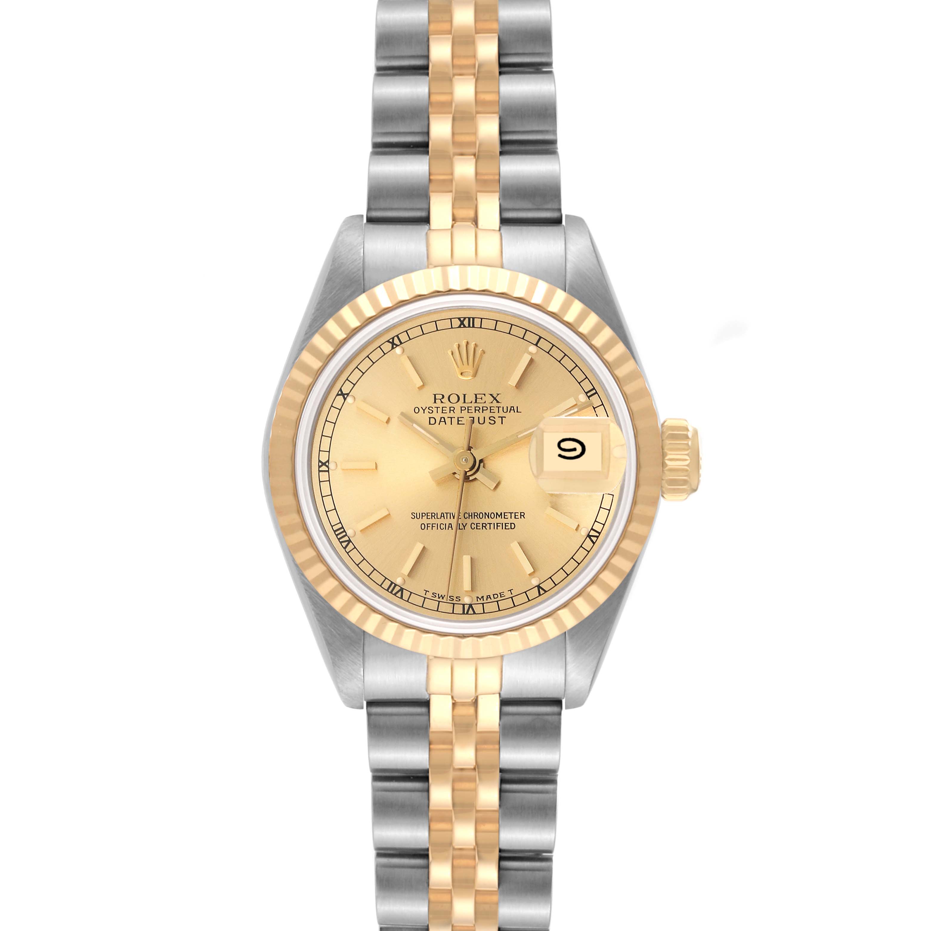 This Rolex Datejust 69173 Women's Steel and Gold (two tone) Champagne Dial 69173 Women's Steel and Gold (two tone) Champagne Dial watch is shown from the front, highlighting its dial, bezel, bracelet, and date window.