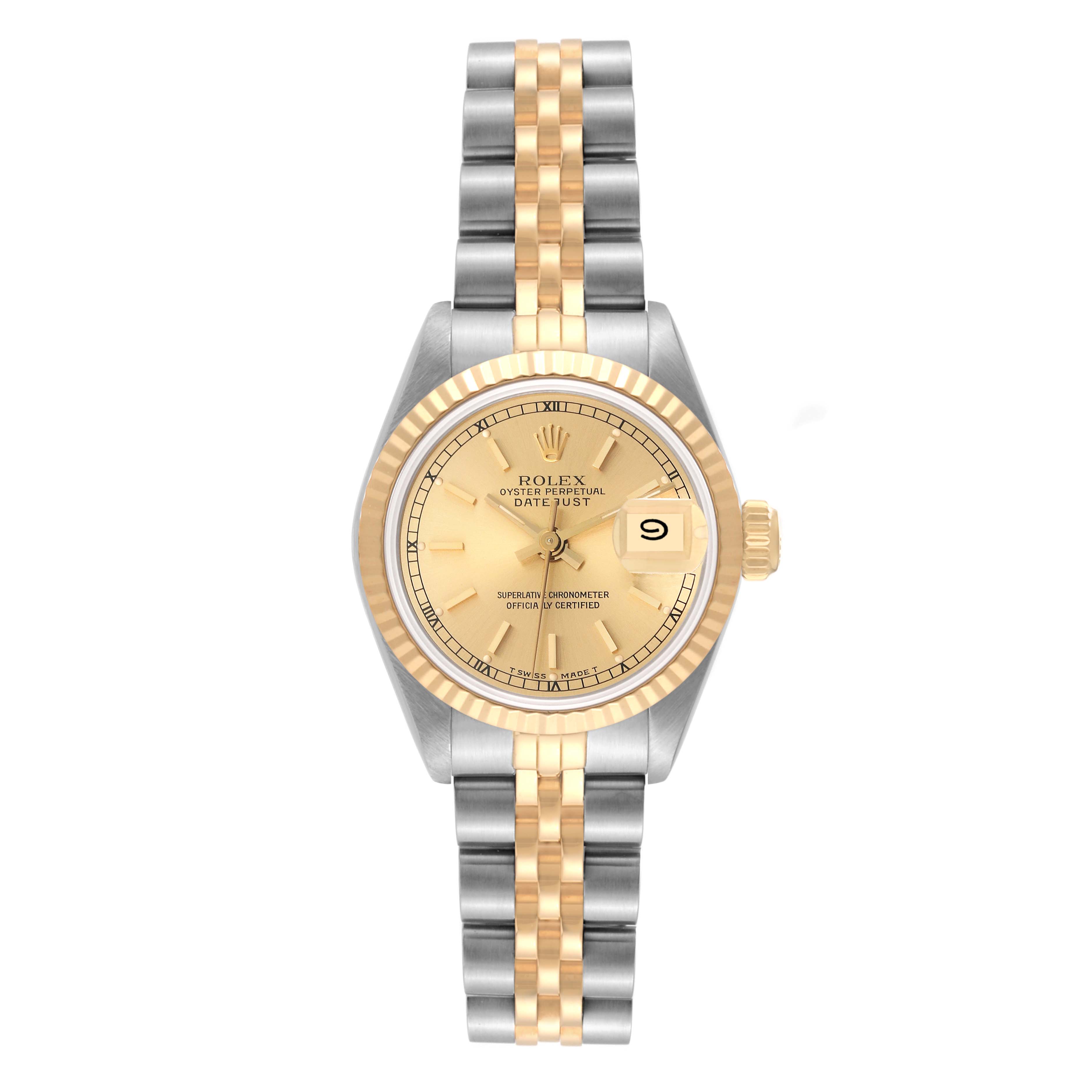 The image shows a Rolex Datejust 69173 Women's Steel and Gold (two tone) Champagne Dial 69173 Women's Steel and Gold (two tone) Champagne Dial watch from a front angle, highlighting its dial, bezel, and two-tone bracelet.