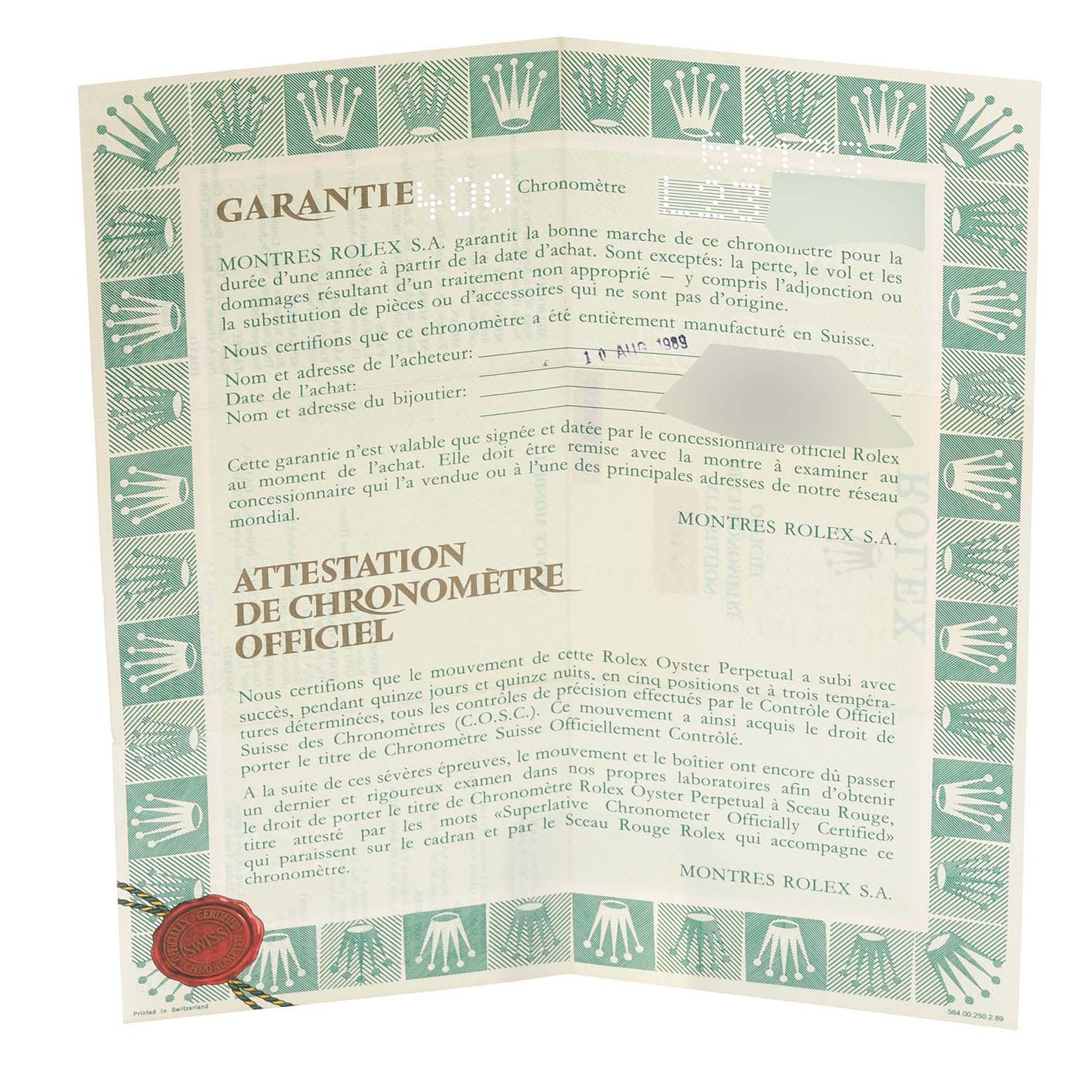 The image shows a certificate and warranty document for a Rolex Datejust 69173 Women's Steel and Gold (two tone) Champagne Dial 69173 Women's Steel and Gold (two tone) Champagne Dial model watch.