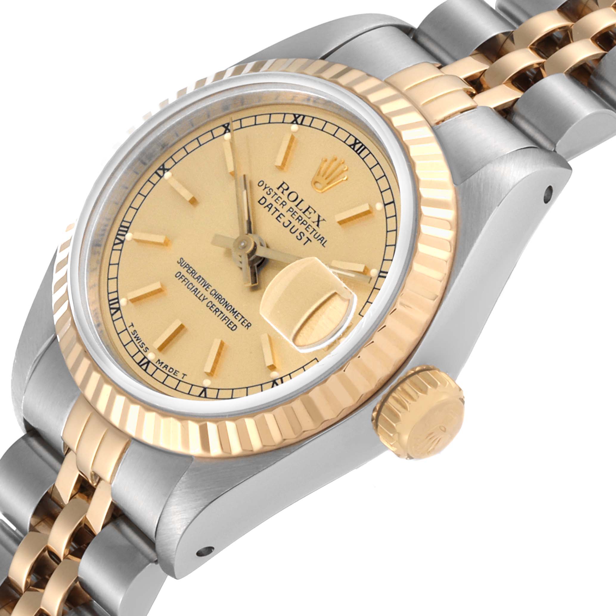 The image shows a close-up angle of a Rolex Datejust 69173 Women's Steel and Gold (two tone) Champagne Dial 69173 Women's Steel and Gold (two tone) Champagne Dial, highlighting the dial, bezel, and partial bracelet.