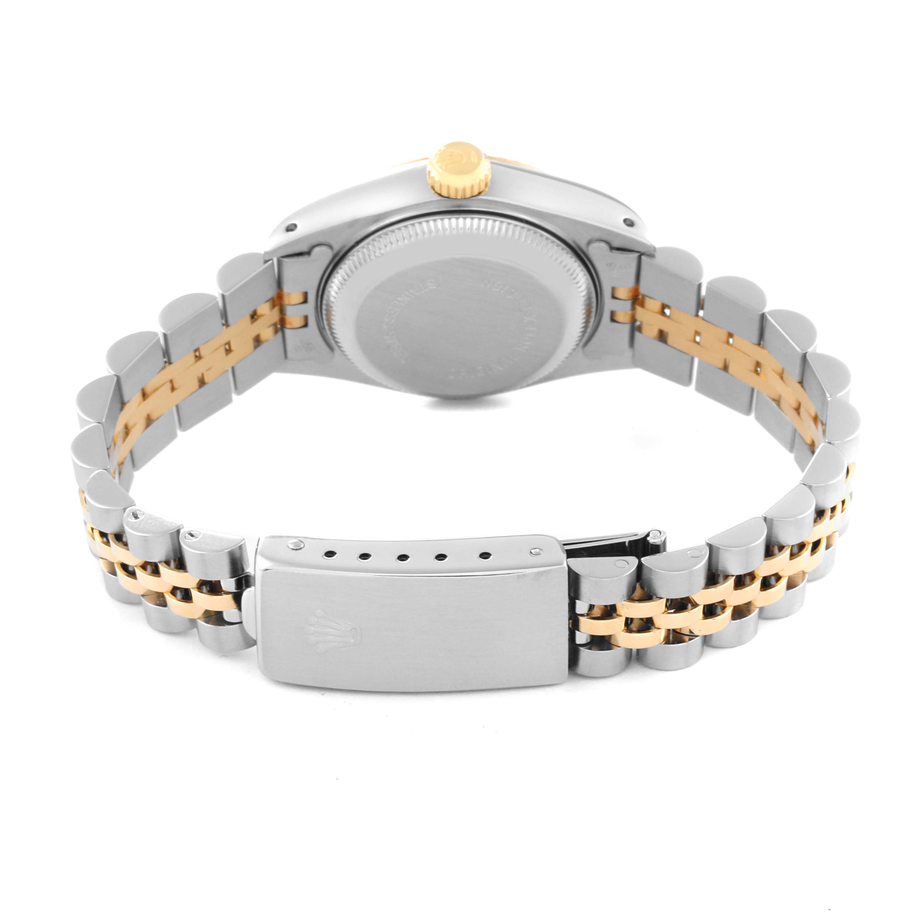 This image shows the case back, crown, and bracelet clasp of the Rolex Datejust 69173 Women's Steel and Gold (two tone) Champagne Dial 69173 Women's Steel and Gold (two tone) Champagne Dial watch from a rear angle.