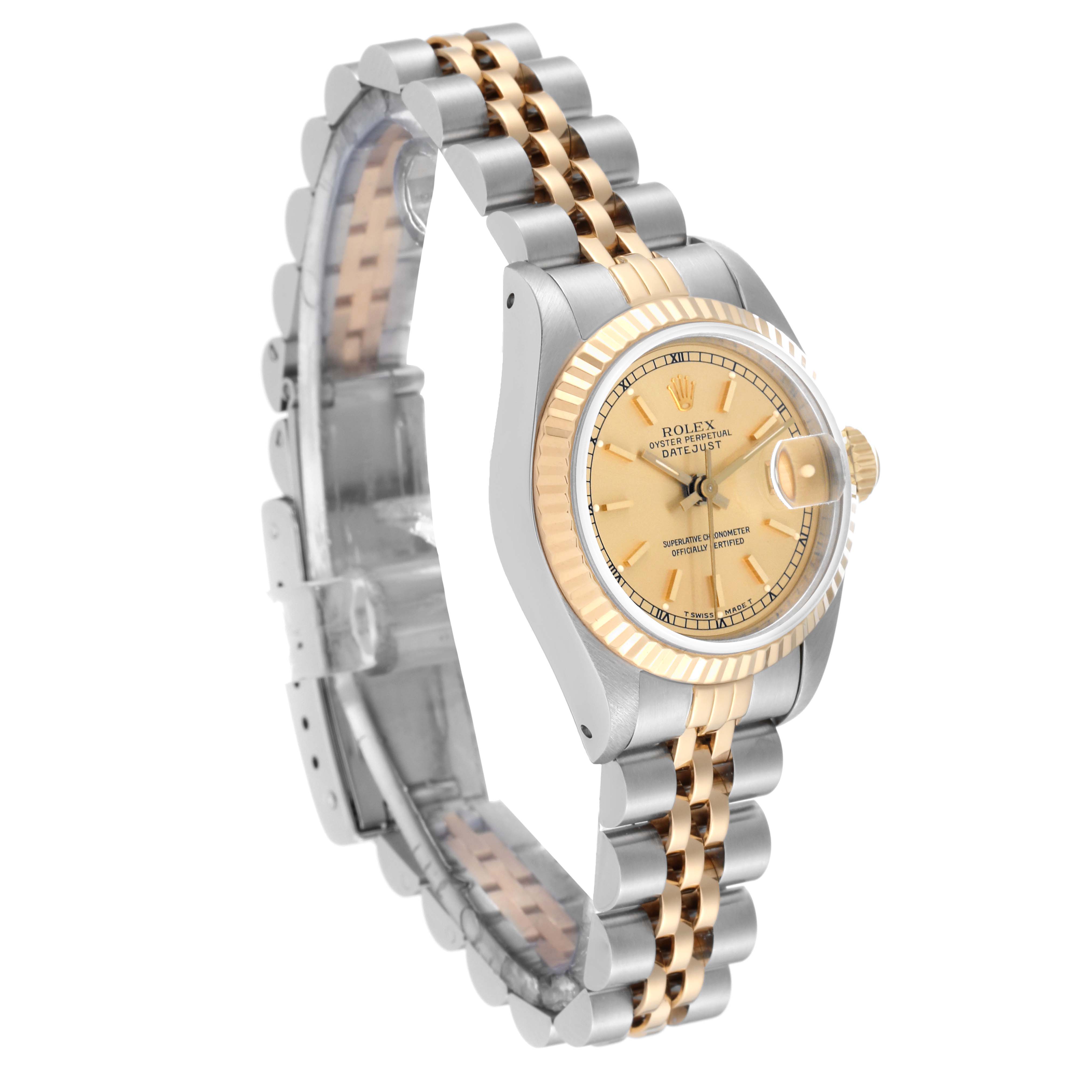 The image shows a Rolex Datejust 69173 Women's Steel and Gold (two tone) Champagne Dial 69173 Women's Steel and Gold (two tone) Champagne Dial watch at a slight left-side angle, highlighting its face, bezel, and bracelet.