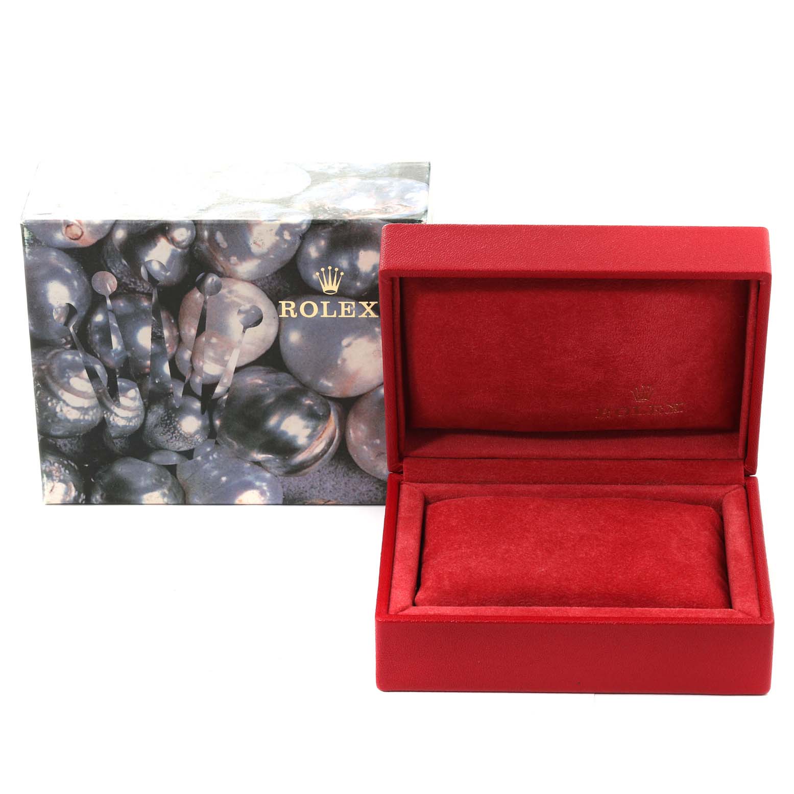 The image shows a Rolex Datejust 69173 Women's Steel and Gold (two tone) Champagne Dial 69173 Women's Steel and Gold (two tone) Champagne Dial model watch box and packaging with the box open, revealing a red velvet interior.