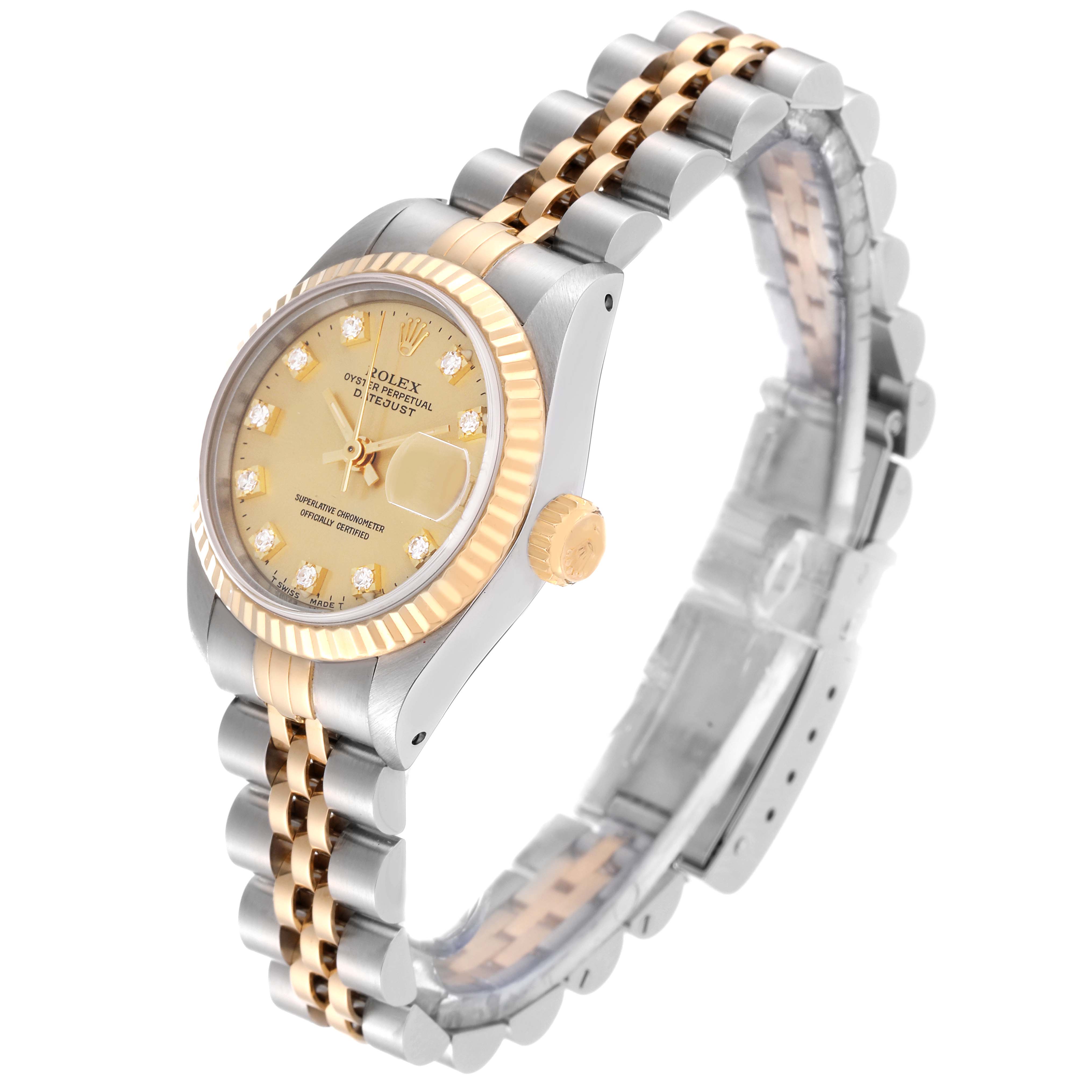 A Rolex Datejust 69173 Women's Steel and Gold (two tone) Champagne Dial 69173 Women's Steel and Gold (two tone) Champagne Dial model watch is shown at an angle highlighting the dial, bracelet, and fluted bezel.