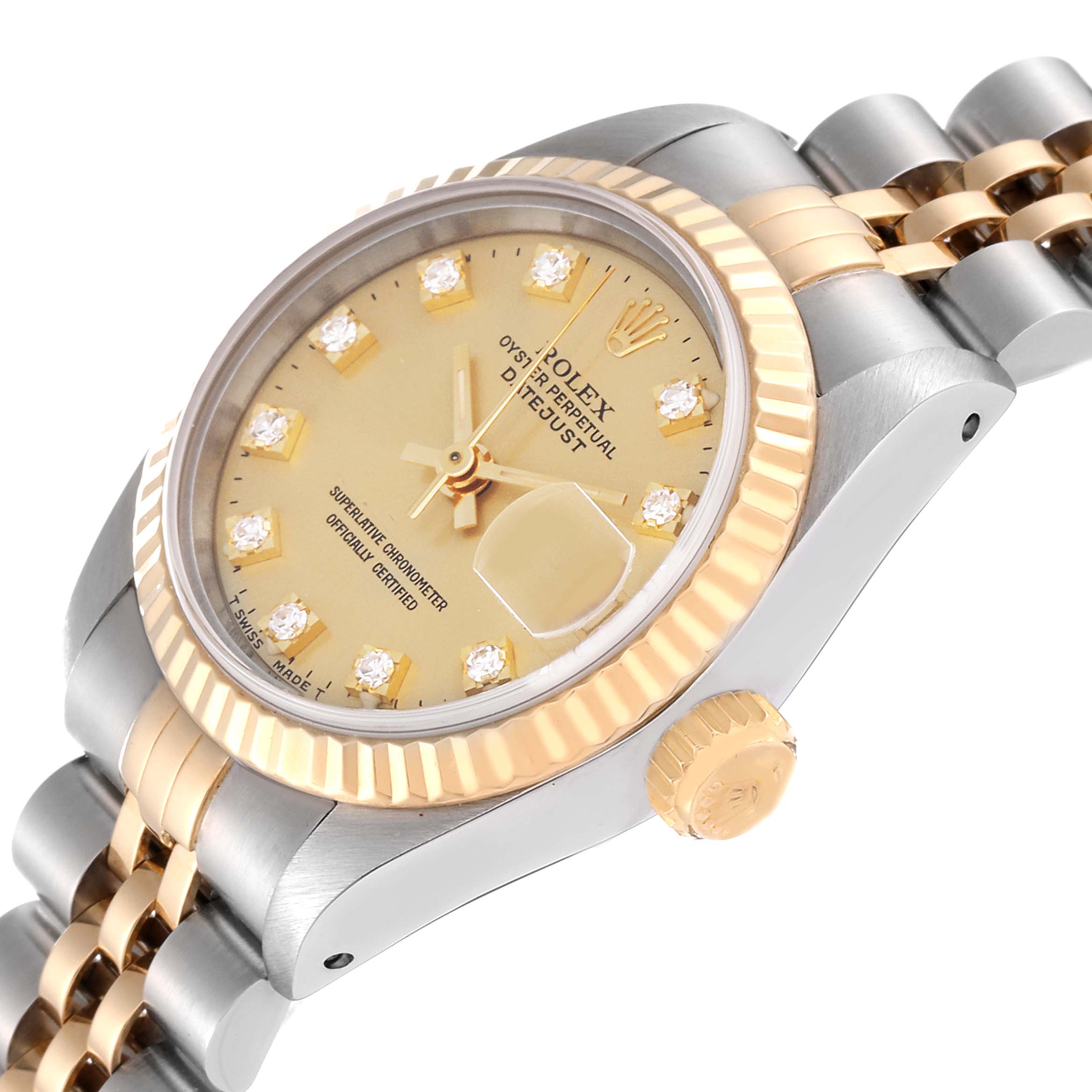 The Rolex Datejust 69173 Women's Steel and Gold (two tone) Champagne Dial 69173 Women's Steel and Gold (two tone) Champagne Dial watch is shown from an angled close-up, displaying its champagne dial, fluted bezel, and Jubilee bracelet.