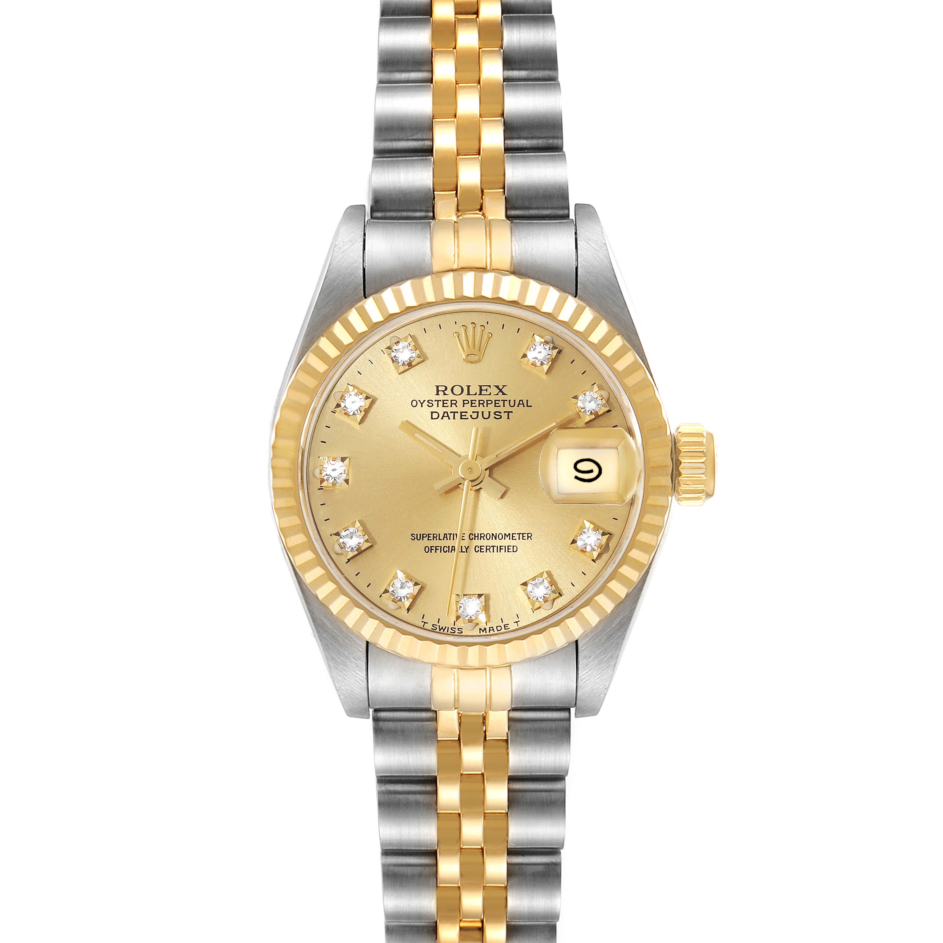 This image shows a front view of the Rolex Datejust 69173 Women's Steel and Gold (two tone) Champagne Dial 69173 Women's Steel and Gold (two tone) Champagne Dial watch, highlighting its gold dial, date display, and two-tone bracelet.
