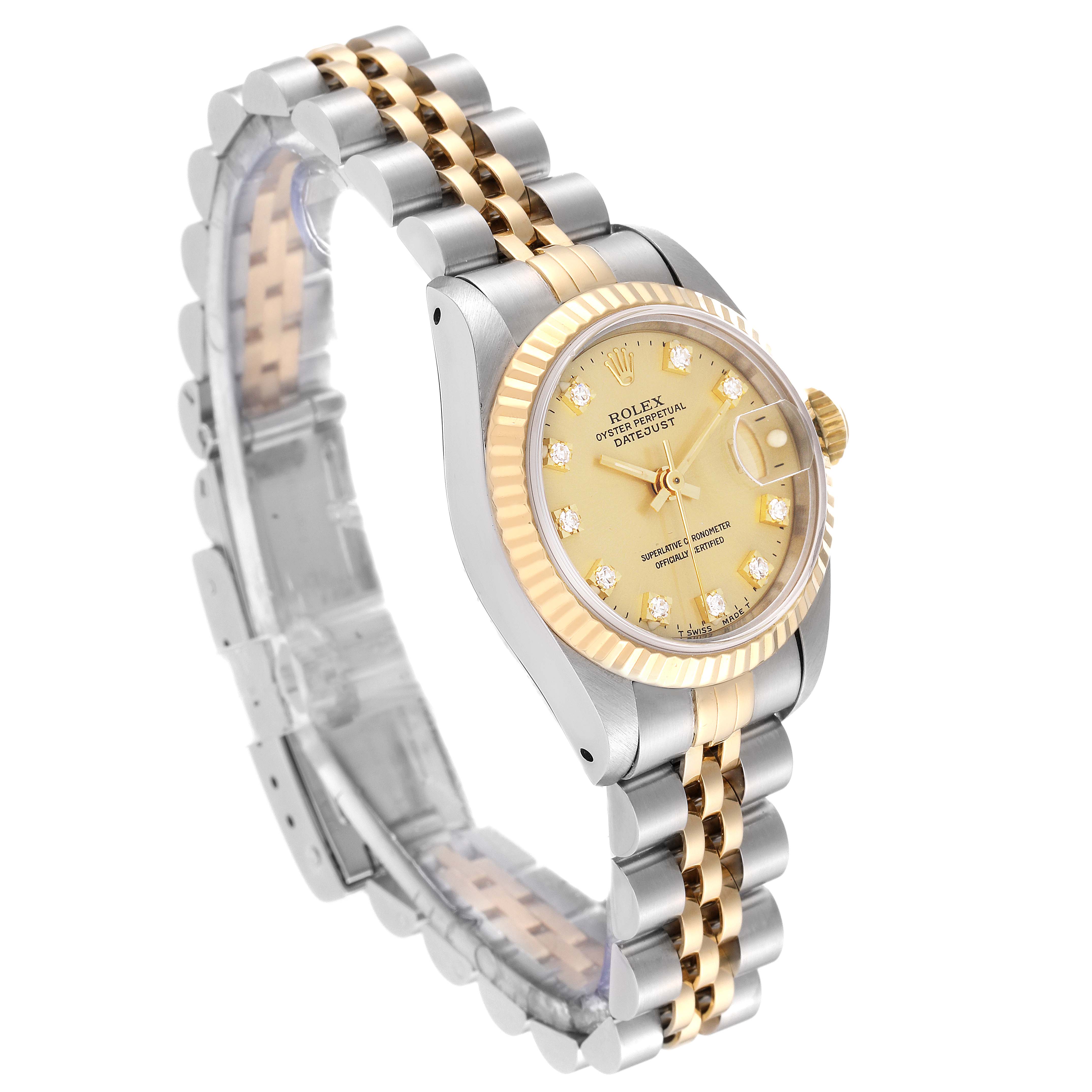 The image shows a Rolex Datejust 69173 Women's Steel and Gold (two tone) Champagne Dial 69173 Women's Steel and Gold (two tone) Champagne Dial watch at a three-quarter angle, highlighting its bezel, dial, and jubilee bracelet.