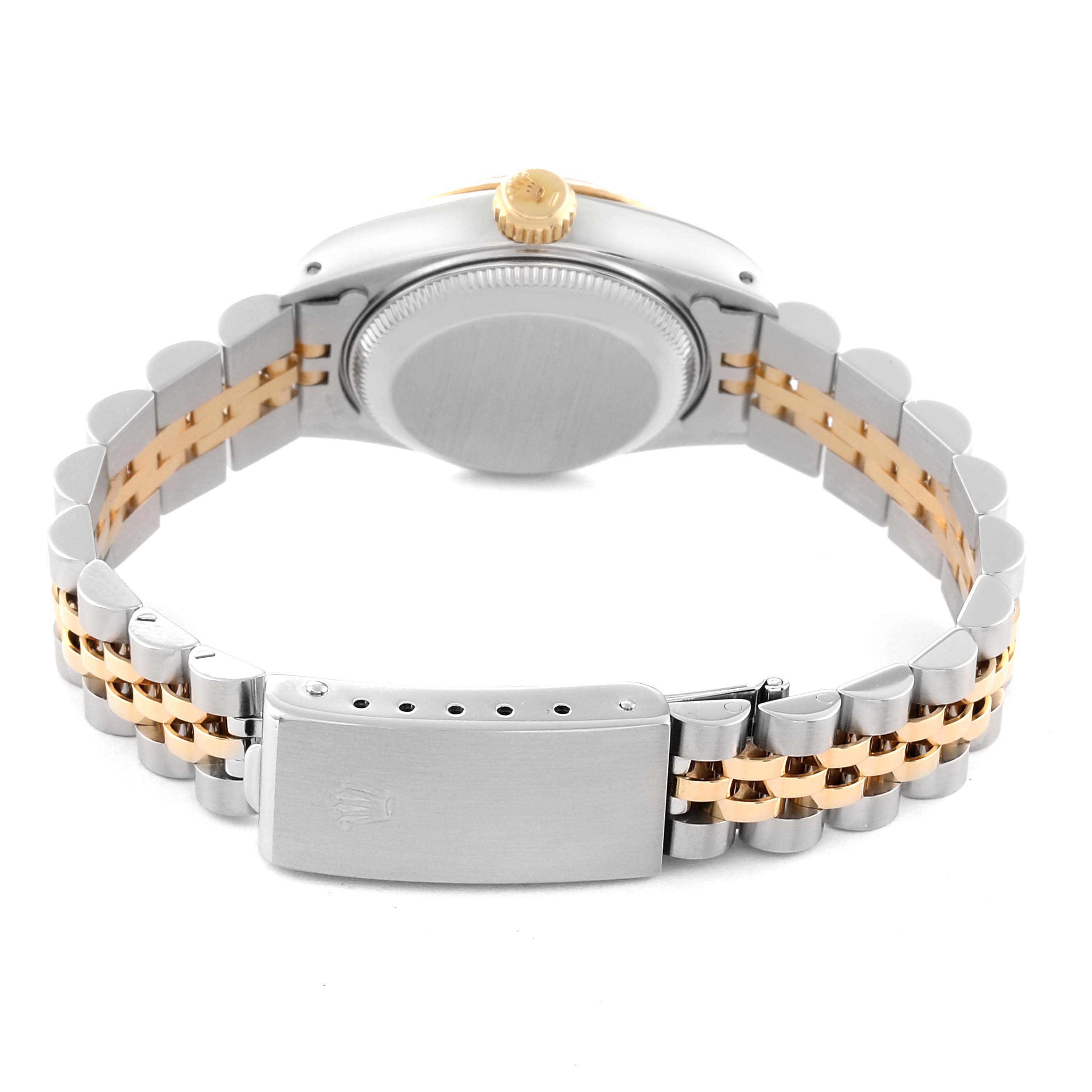 The image shows the back view of a Rolex Datejust 69173 Women's Steel and Gold (two tone) Champagne Dial 69173 Women's Steel and Gold (two tone) Champagne Dial watch, focusing on its case back, crown, and the two-tone bracelet clasp.