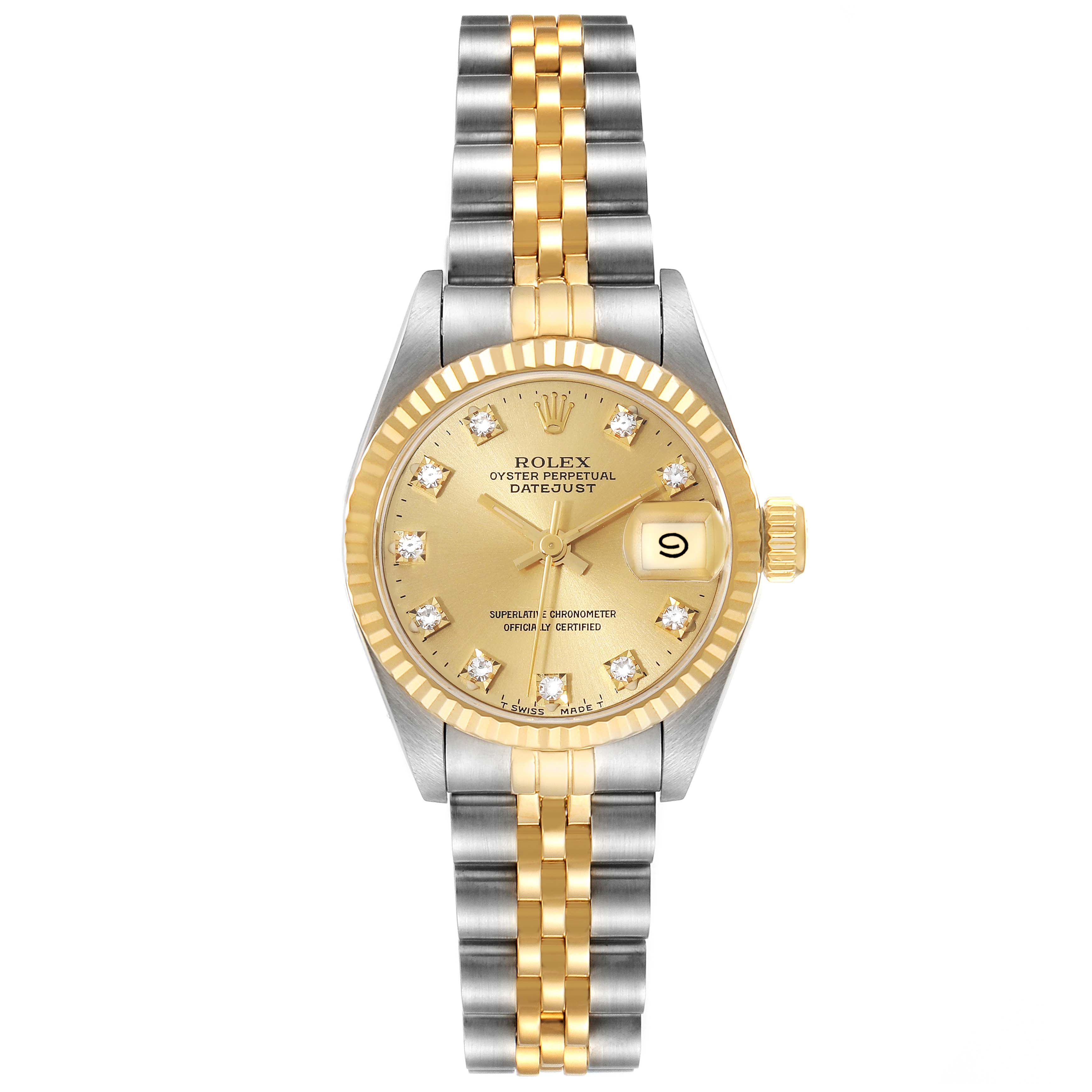 The image shows a Rolex Datejust 69173 Women's Steel and Gold (two tone) Champagne Dial 69173 Women's Steel and Gold (two tone) Champagne Dial watch from a front view, displaying its dial, fluted bezel, and two-tone bracelet.