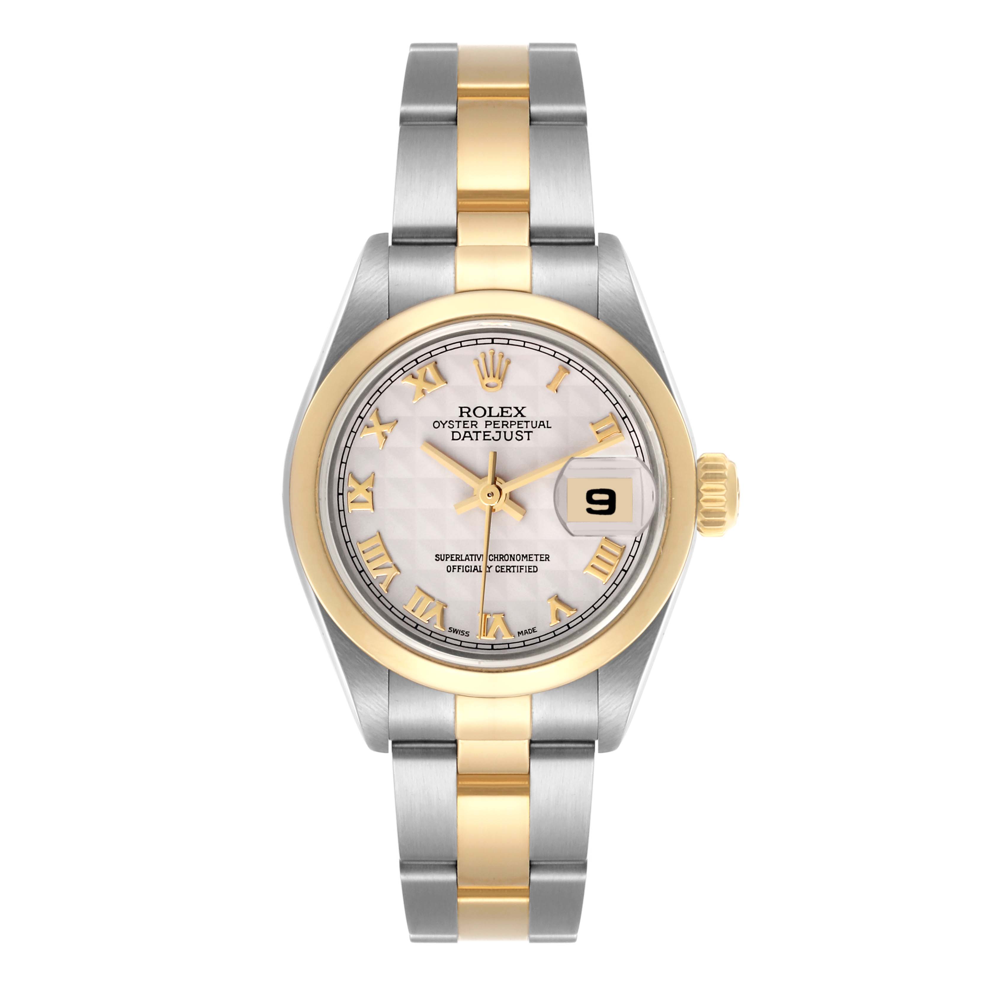 The image shows the Rolex Datejust 79163 Women's Steel and Gold (two tone) White Dial 79163 Women's Steel and Gold (two tone) White Dial watch from a top-down angle, highlighting the dial, bezel, and bracelet.