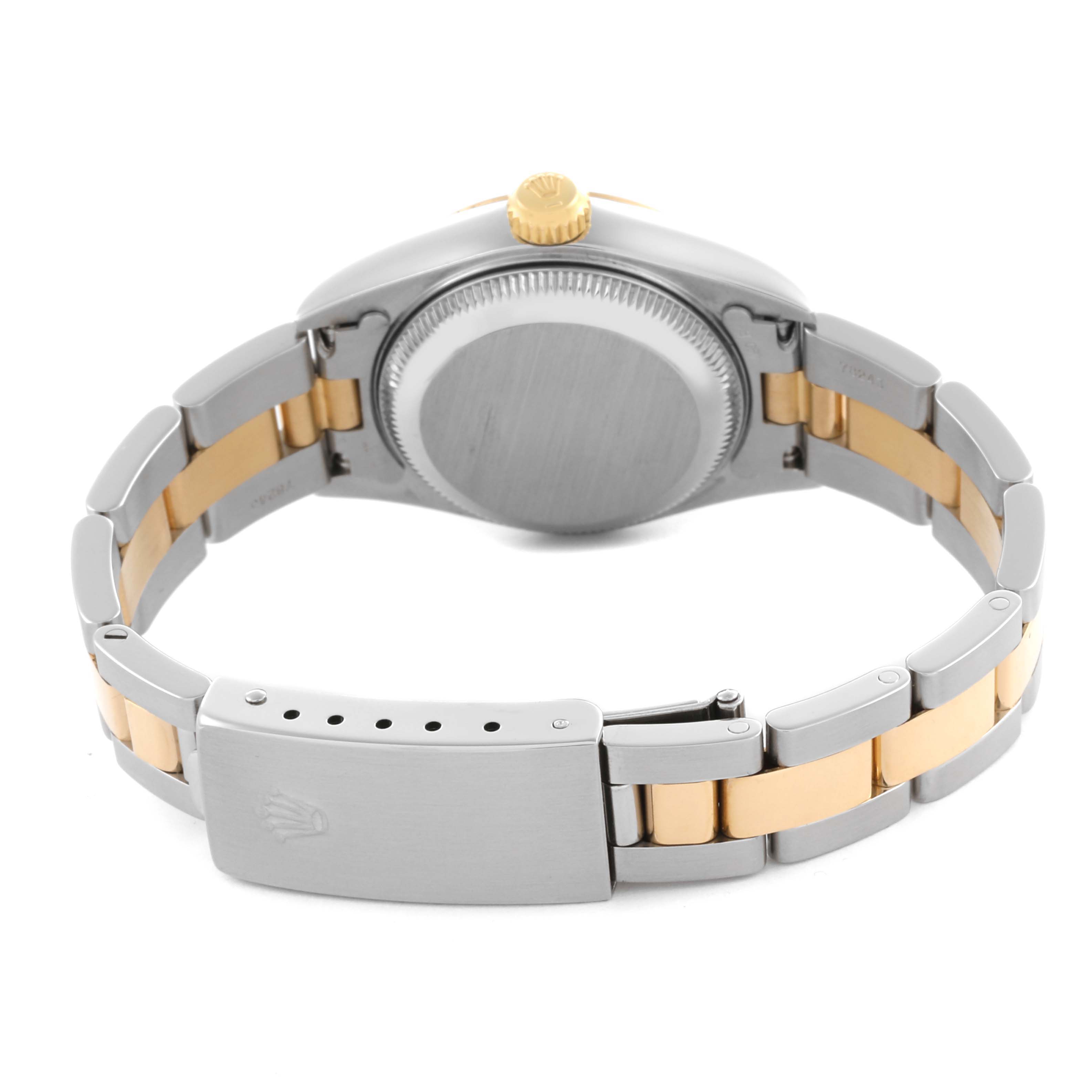 The image shows the back of a Rolex Datejust 79163 Women's Steel and Gold (two tone) White Dial 79163 Women's Steel and Gold (two tone) White Dial watch, highlighting the case back, bracelet, and clasp from a rear angle.