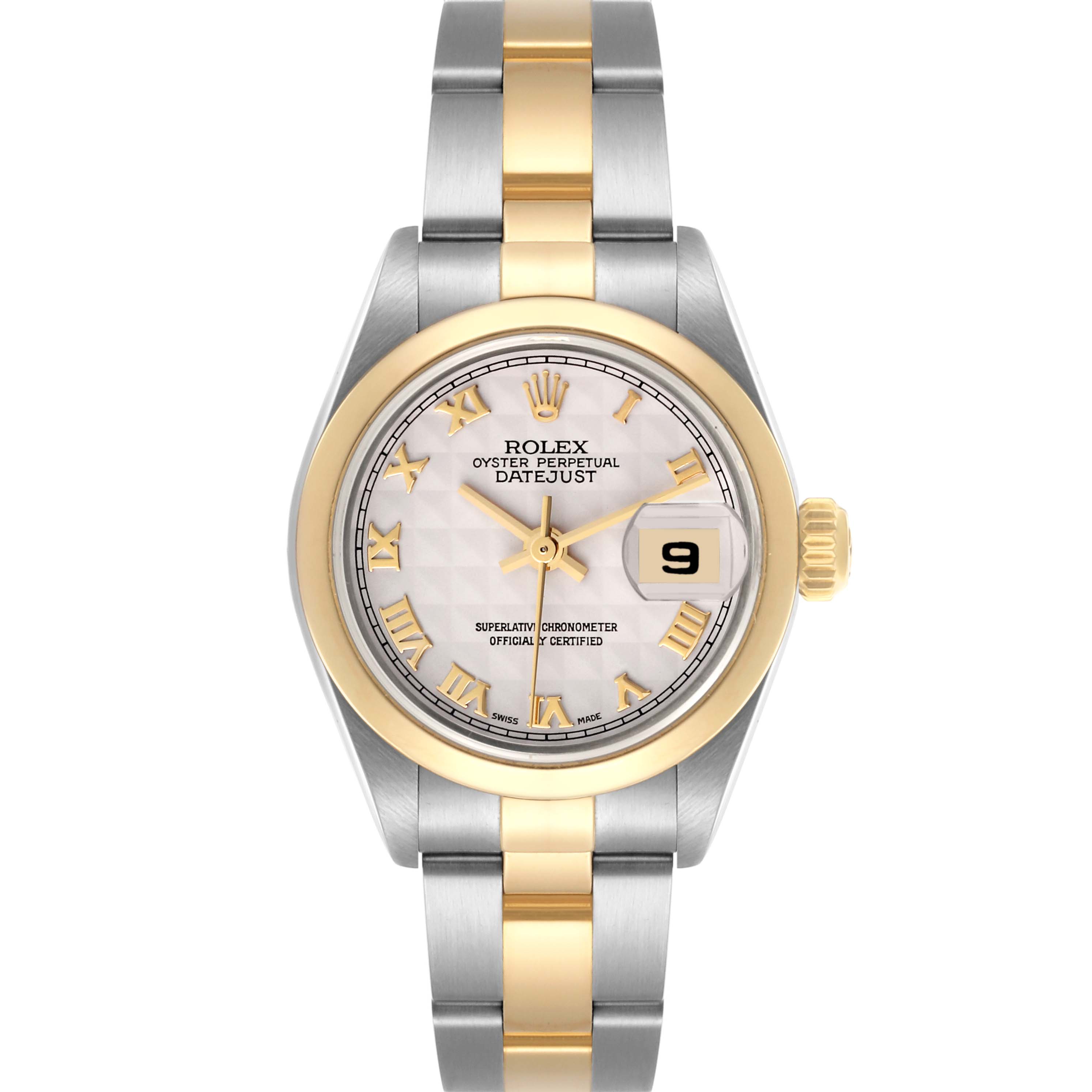 The Rolex Datejust 79163 Women's Steel and Gold (two tone) White Dial 79163 Women's Steel and Gold (two tone) White Dial watch is shown from a front angle, highlighting the dial, bezel, and two-tone bracelet.
