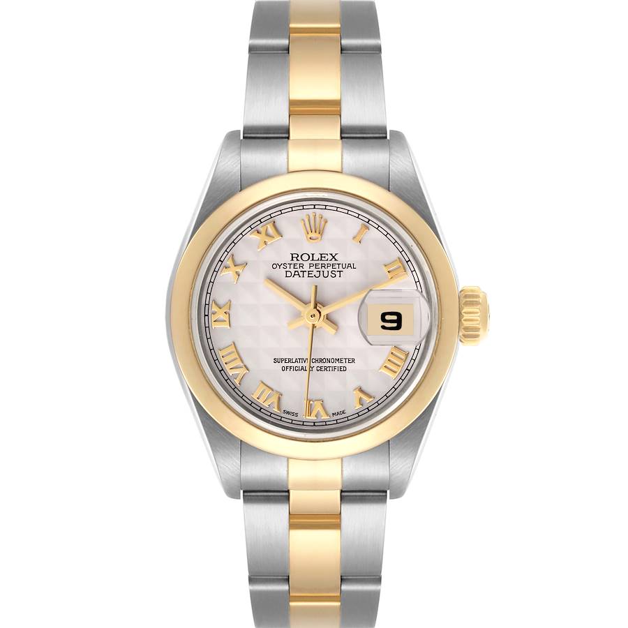 The Rolex Datejust watch is shown from a front angle, highlighting the dial, bezel, and two-tone bracelet.