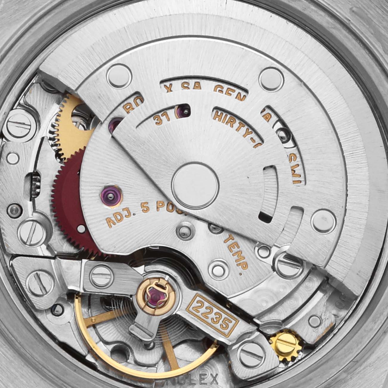 The image shows the intricate movement mechanism of a Rolex Datejust 79163 Women's Steel and Gold (two tone) White Dial 79163 Women's Steel and Gold (two tone) White Dial, viewed from the back.