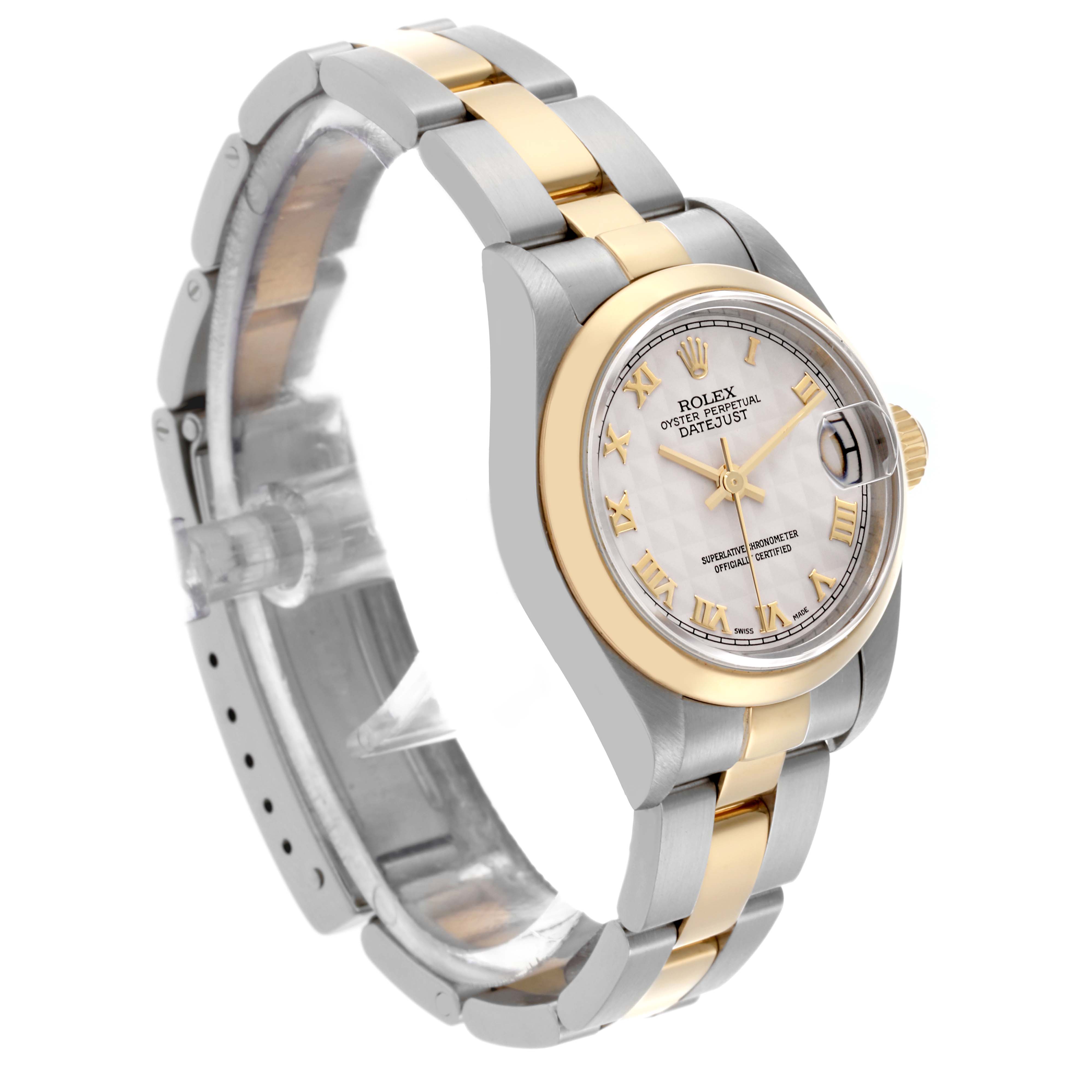 The watch is a Rolex Datejust 79163 Women's Steel and Gold (two tone) White Dial 79163 Women's Steel and Gold (two tone) White Dial, shown at a three-quarter angle highlighting the dial, bezel, crown, and bracelet.