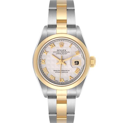 The Rolex Datejust watch is shown from a front angle, highlighting the dial, bezel, bracelet, and date display.