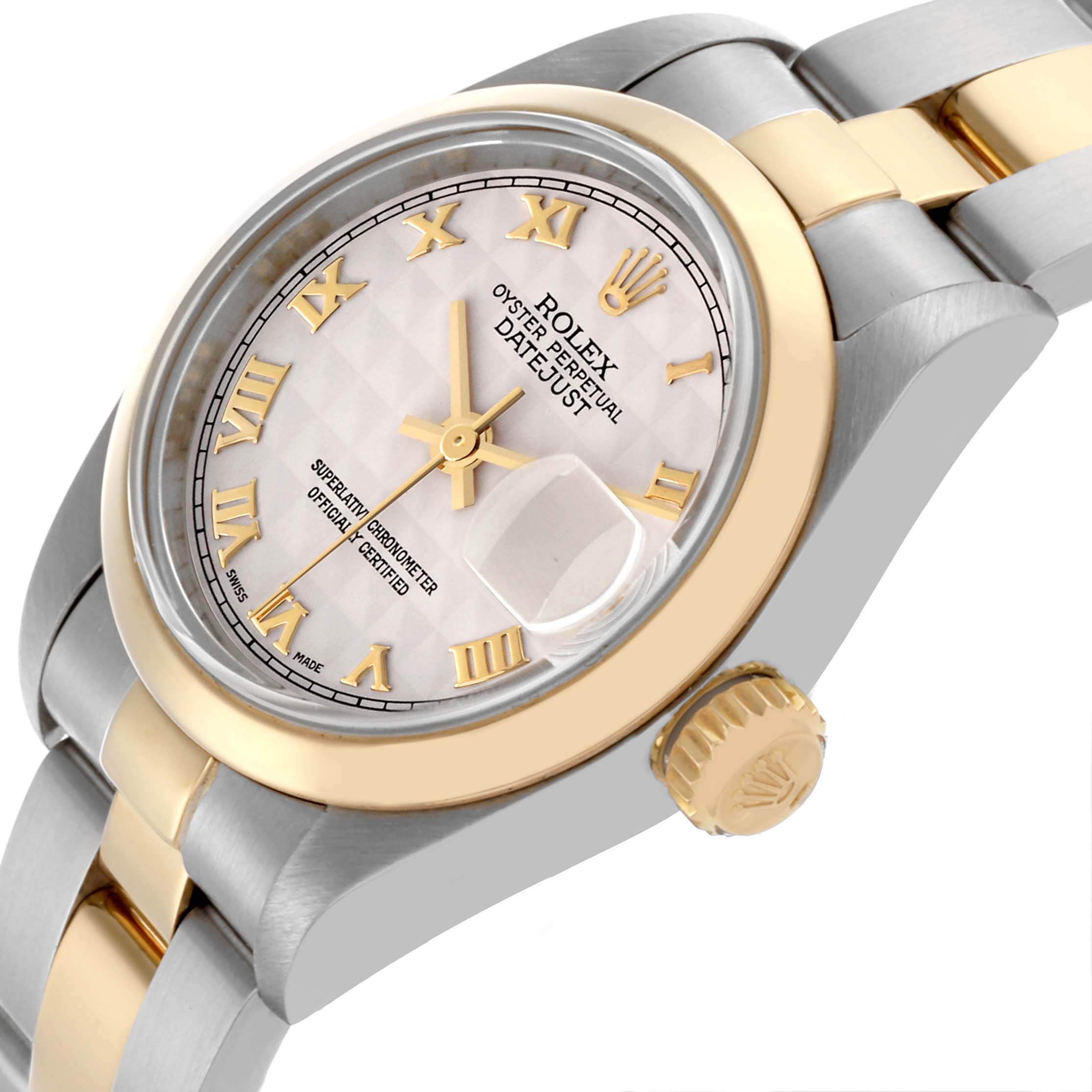 The Rolex Datejust 79163 Women's Steel and Gold (two tone) White Dial 79163 Women's Steel and Gold (two tone) White Dial watch is shown from a tilted angle, displaying the dial, bezel, crown, and part of the bracelet.