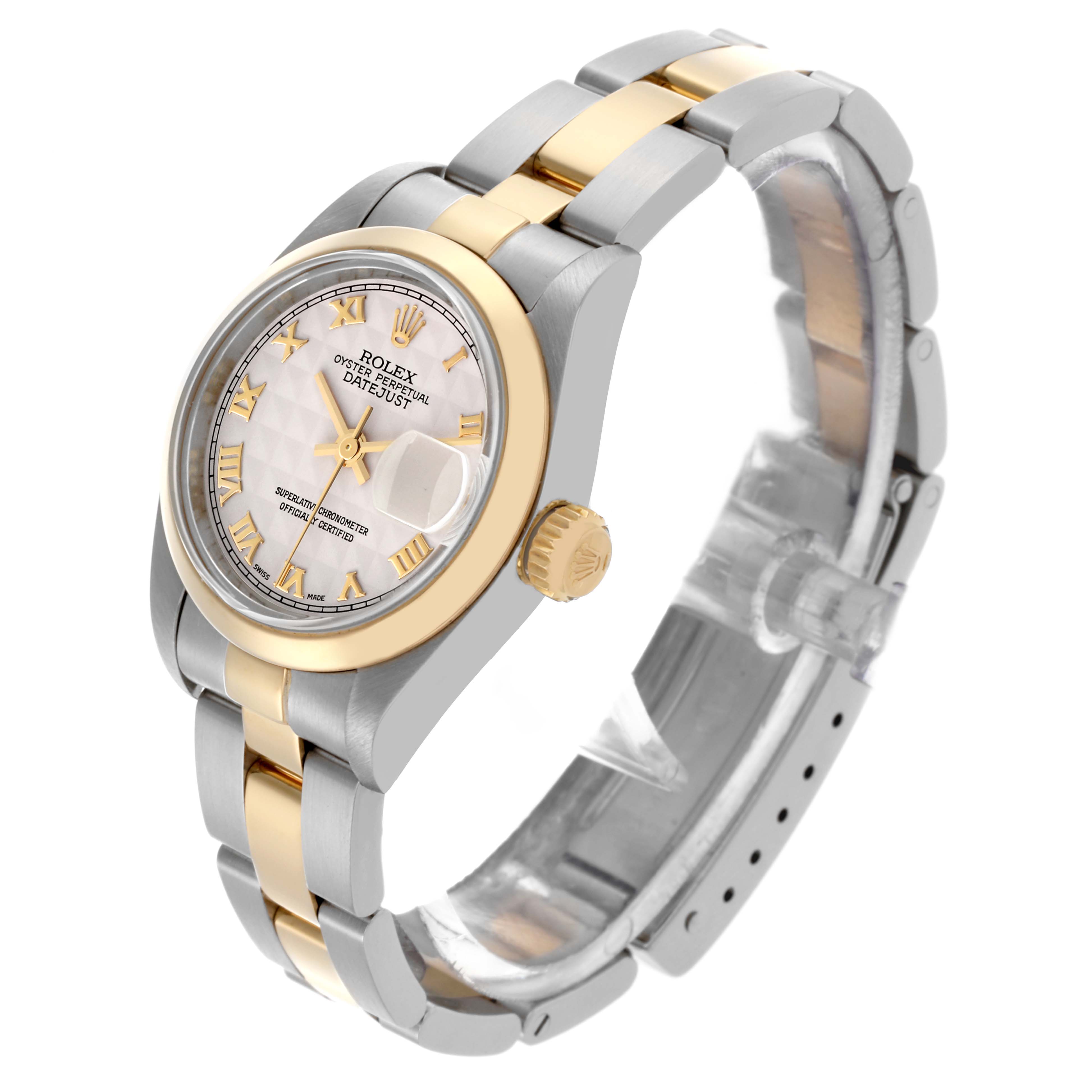 The Rolex Datejust 79163 Women's Steel and Gold (two tone) White Dial 79163 Women's Steel and Gold (two tone) White Dial watch is shown at an angled side view, highlighting the two-tone bracelet, dial, and crown.