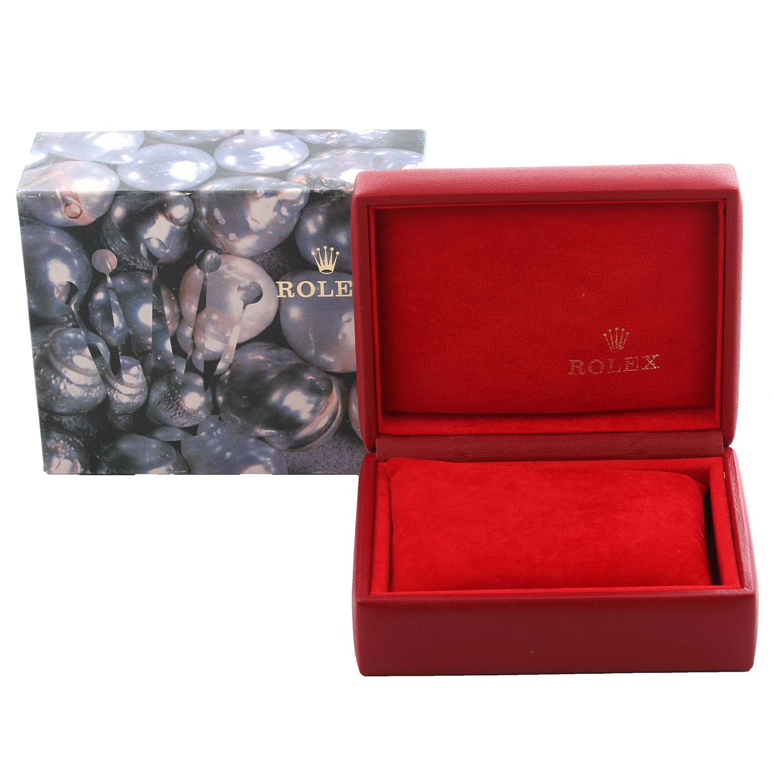 The image shows a Rolex Datejust 79163 Women's Steel and Gold (two tone) White Dial 79163 Women's Steel and Gold (two tone) White Dial watch box featuring a red interior and an outer sleeve with a pearl-like pattern.