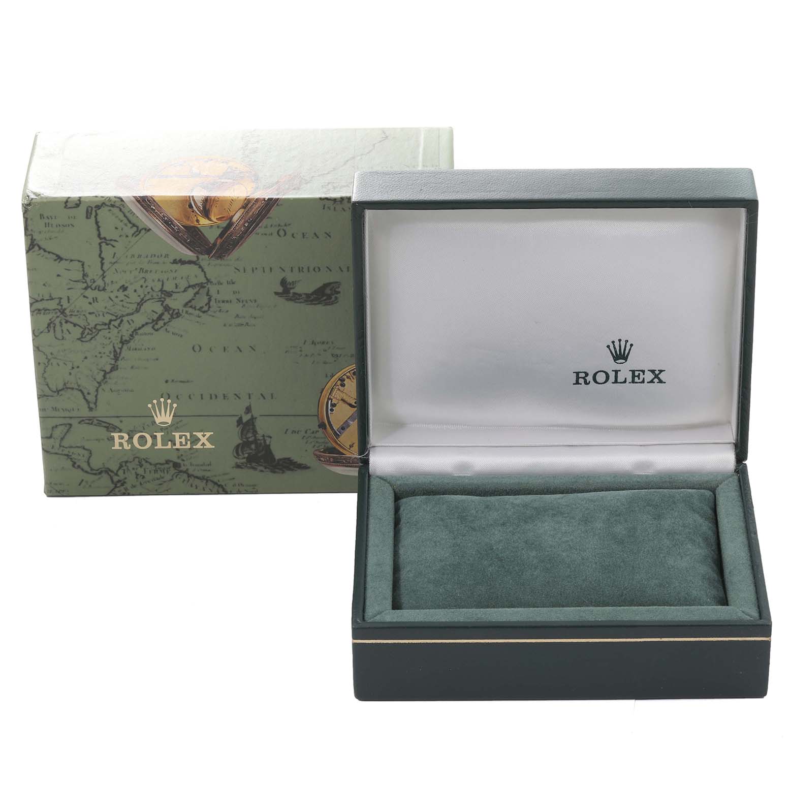 This image shows a Rolex Mid-Size 68273 Women's Steel and Gold (two tone) Black Dial 68273 Women's Steel and Gold (two tone) Black Dial model watch box and its outer packaging from a front angle.