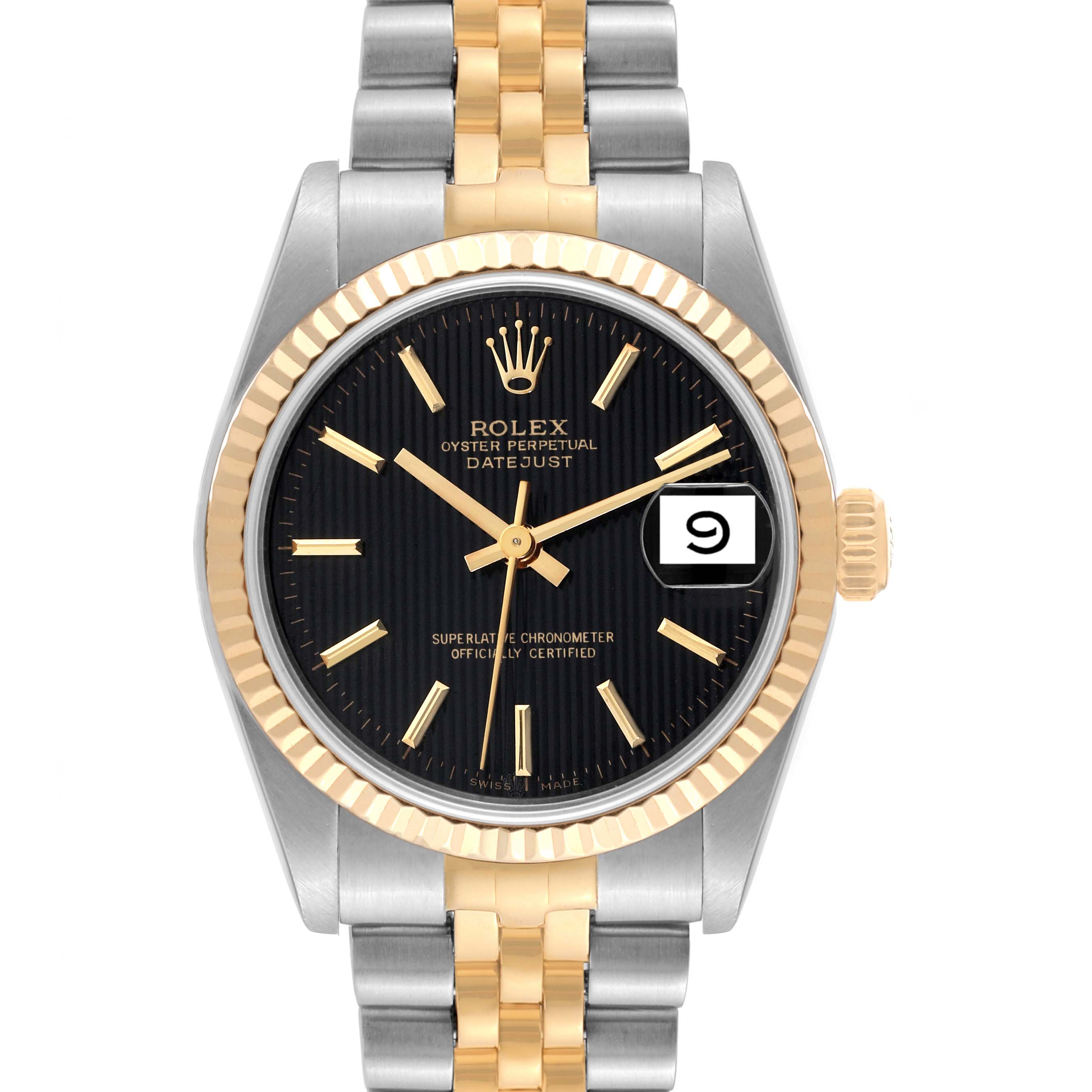 This image shows a frontal view of a Rolex Datejust Mid-Size watch with a black dial and two-tone bracelet.