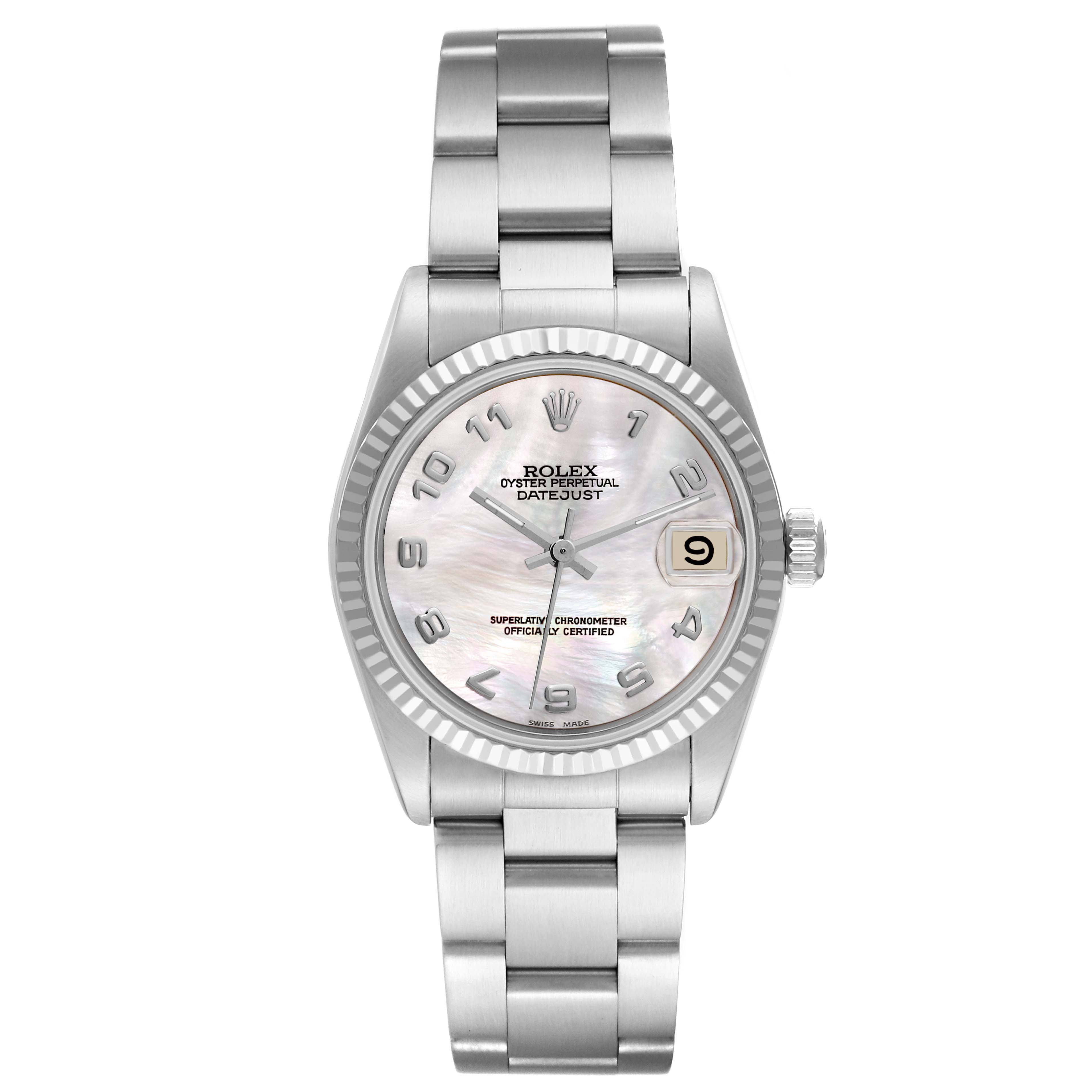 This image shows a front view of a Rolex Oyster Perpetual Datejust Mid-Size watch, highlighting its dial and bracelet.